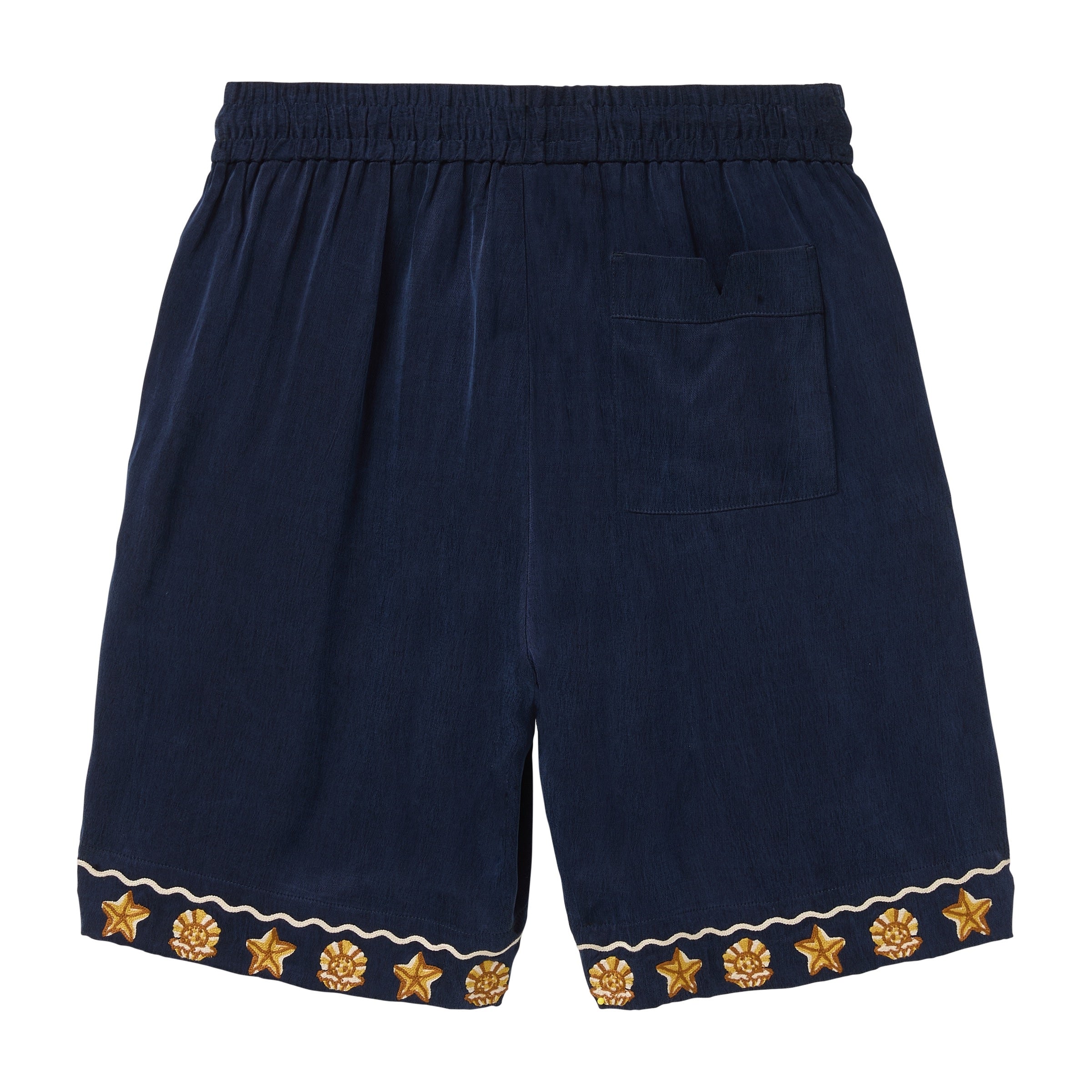 Navy shorts with gold starfish patterns on a white background