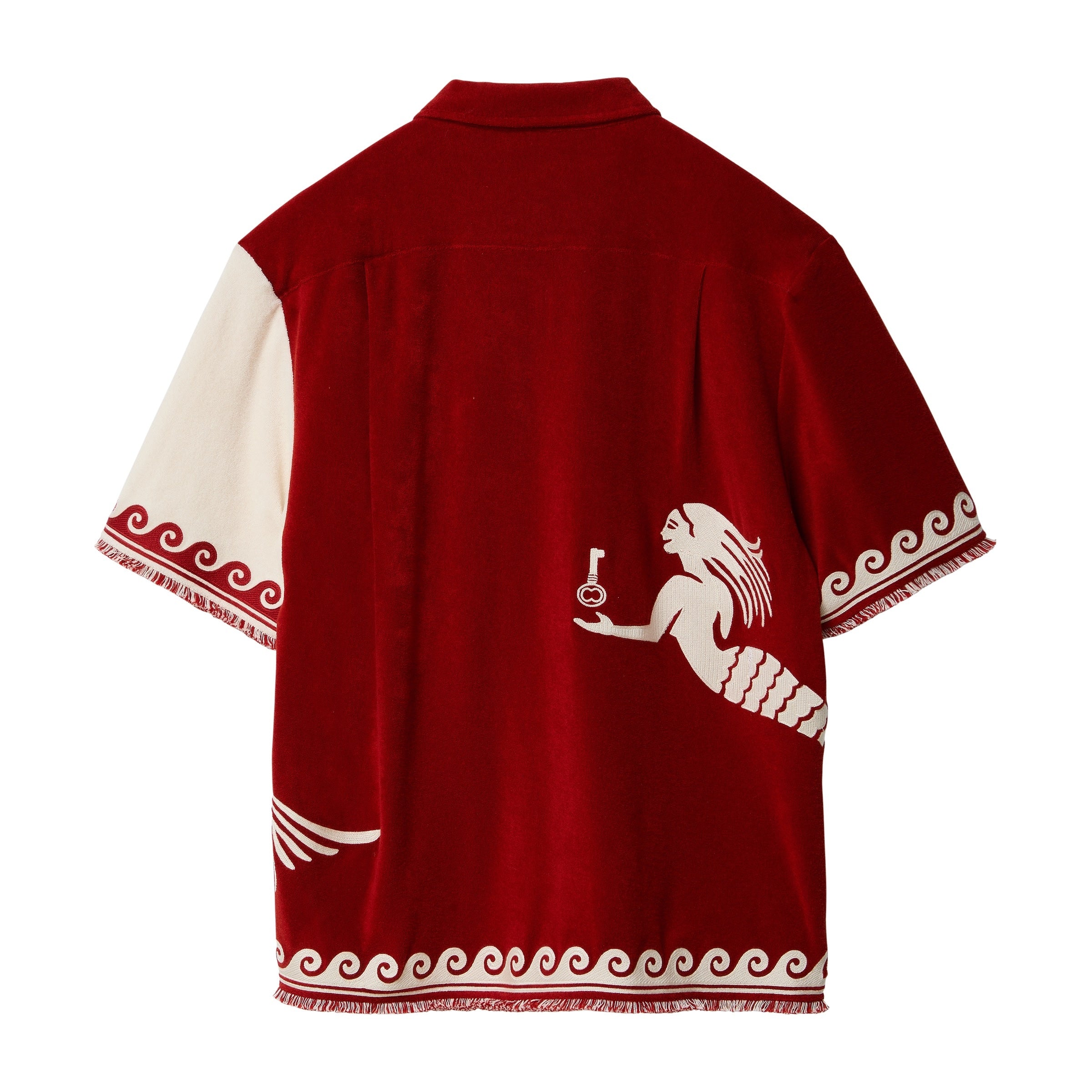 Back of red cabana shirt with mermaid swimming around the side.