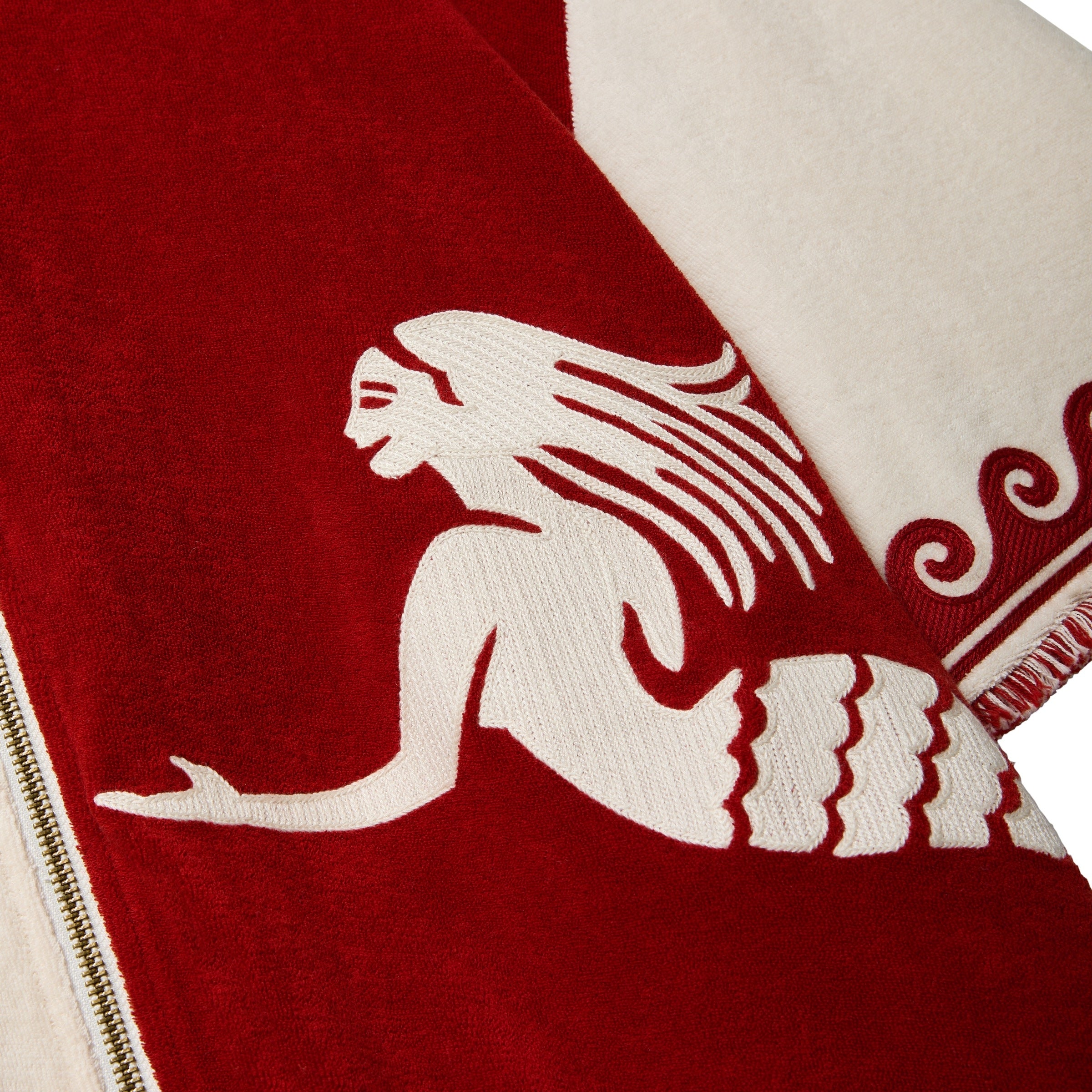 Red and white cabana with mermaid design on a white background