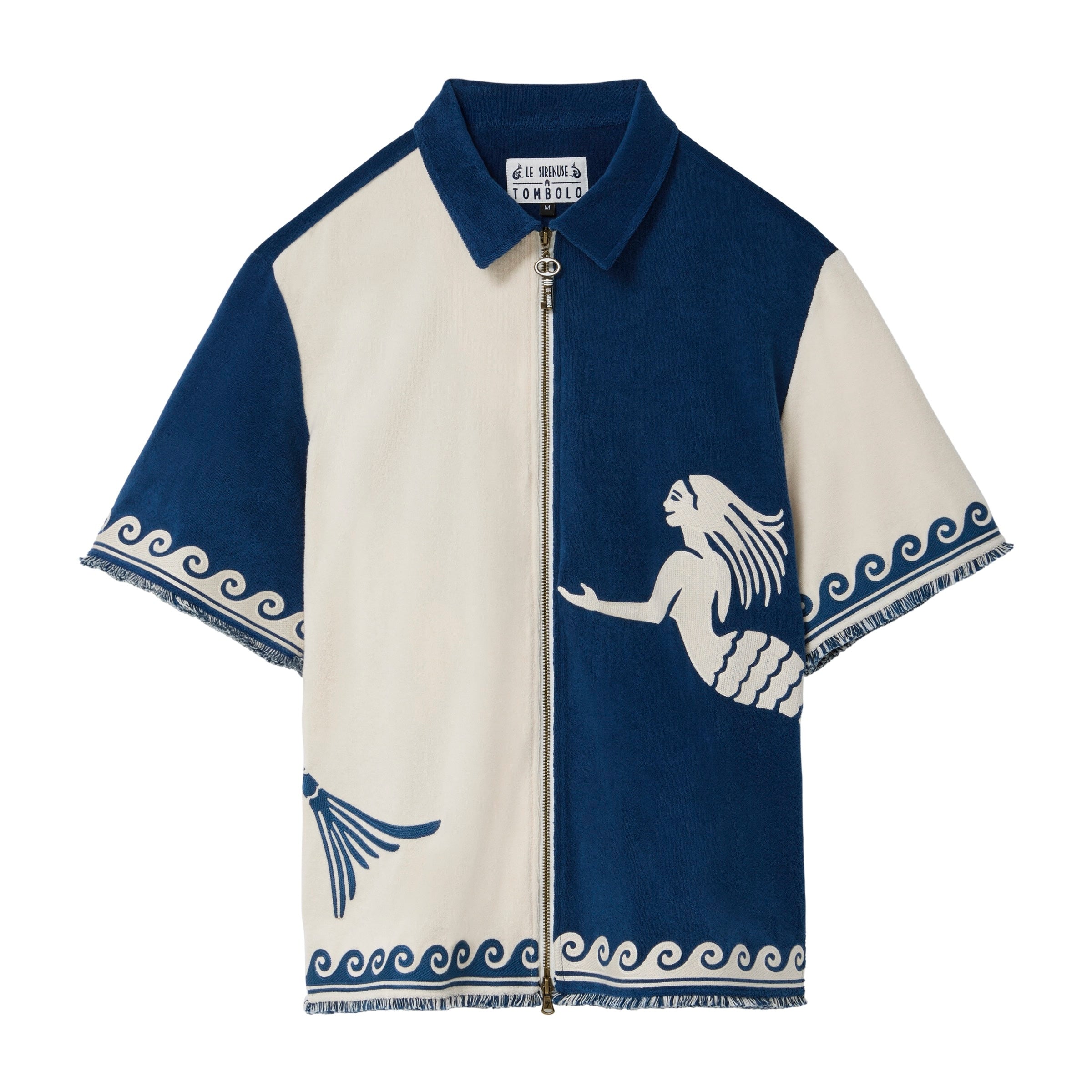 Blue and white zip-up shirt with mermaid design on a white background