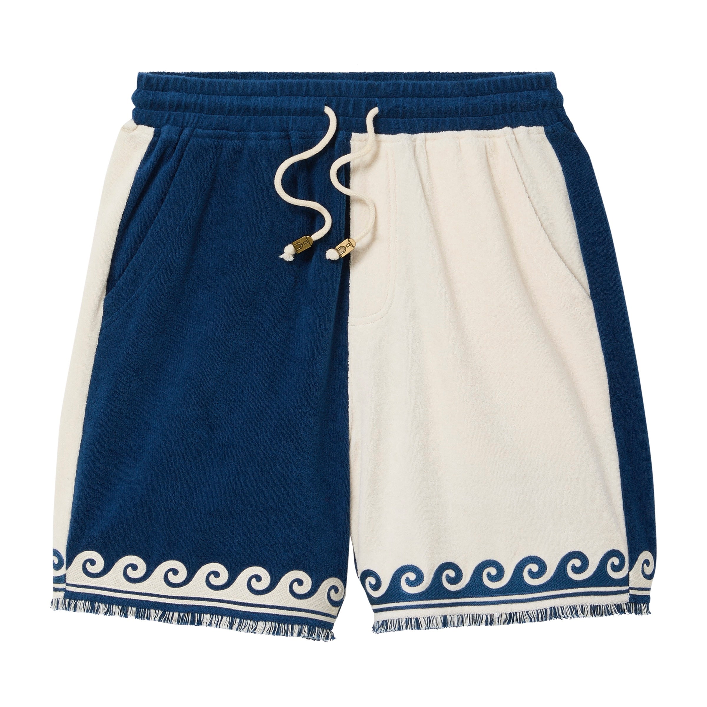 Navy and white shorts with wave design on a white background