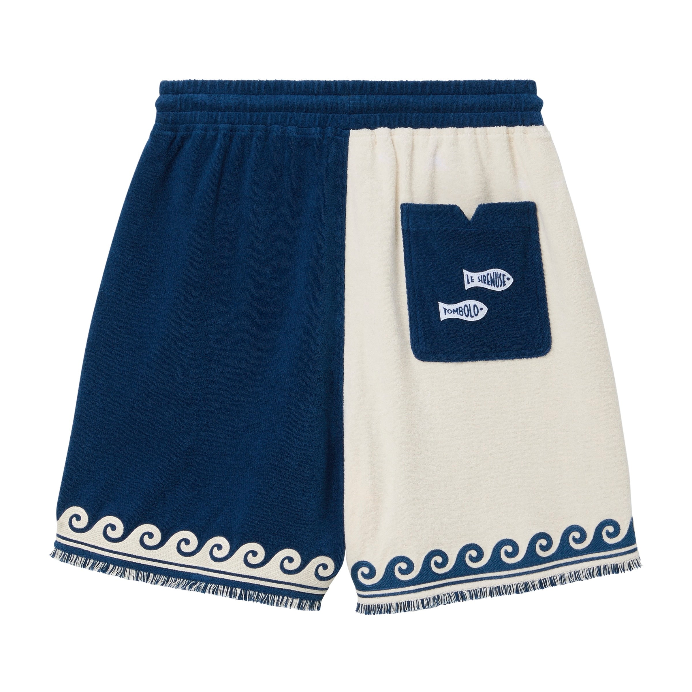 Backside of blue and beige cabana shorts. 