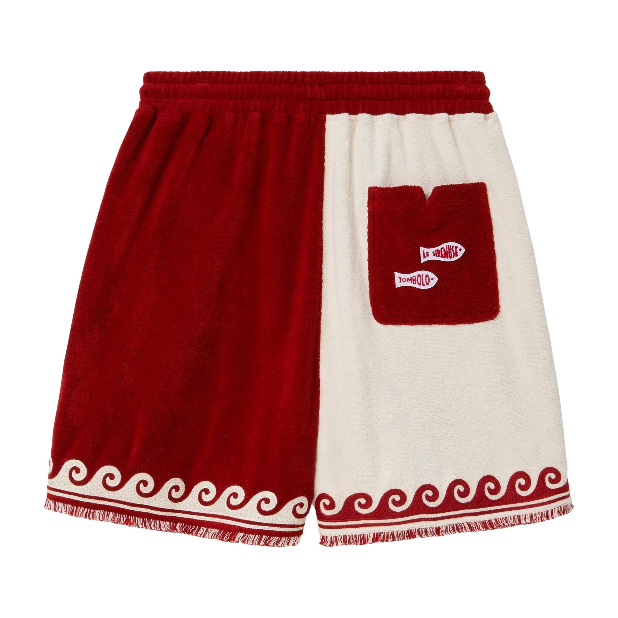 Backside of red and white terry cloth Le Sirenuse shorts. 