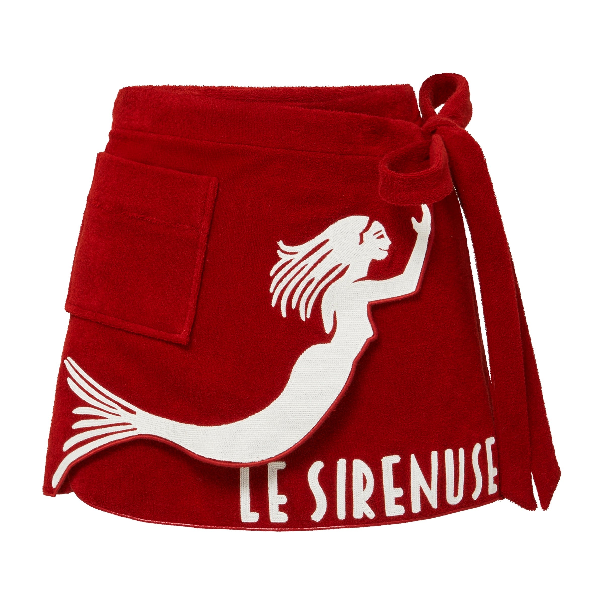 Red wrap skirt with white mermaid design and 'Le Sirenuse' text on a white background