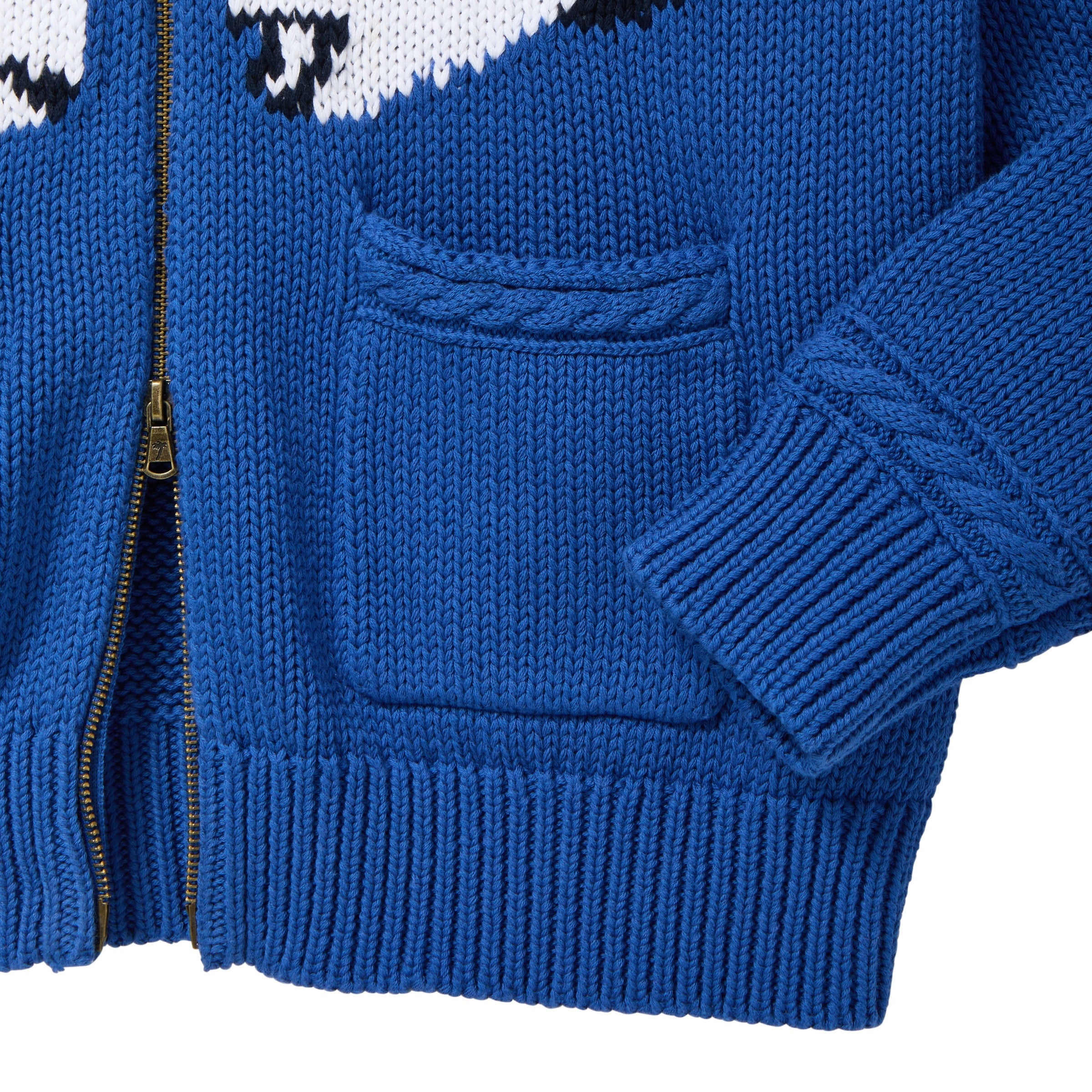 Close-up of blue knit zip-front sweater with ribbed hem, cuff, and front pocket.