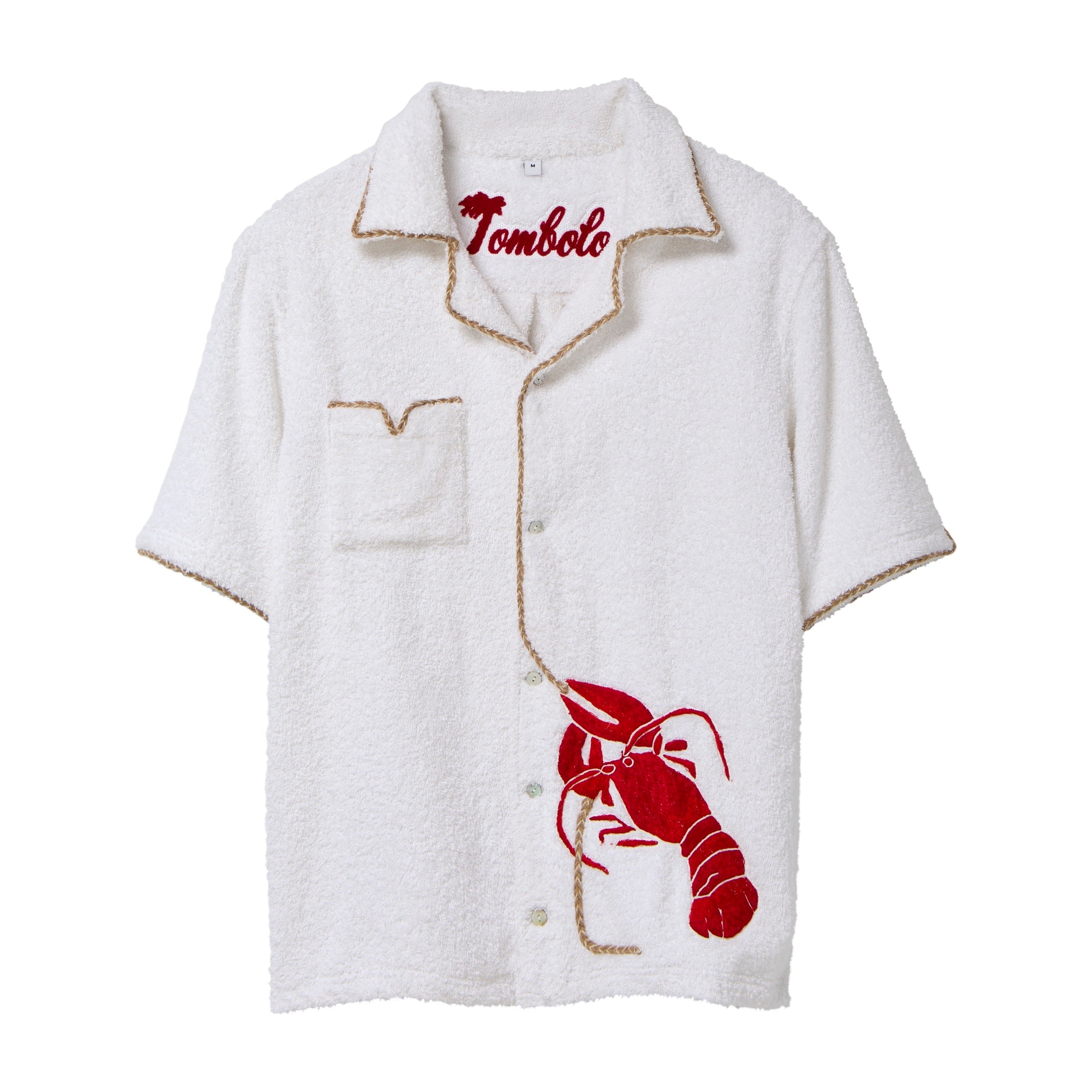 White shirt with red lobster design and 'Tombolo' embroidery.