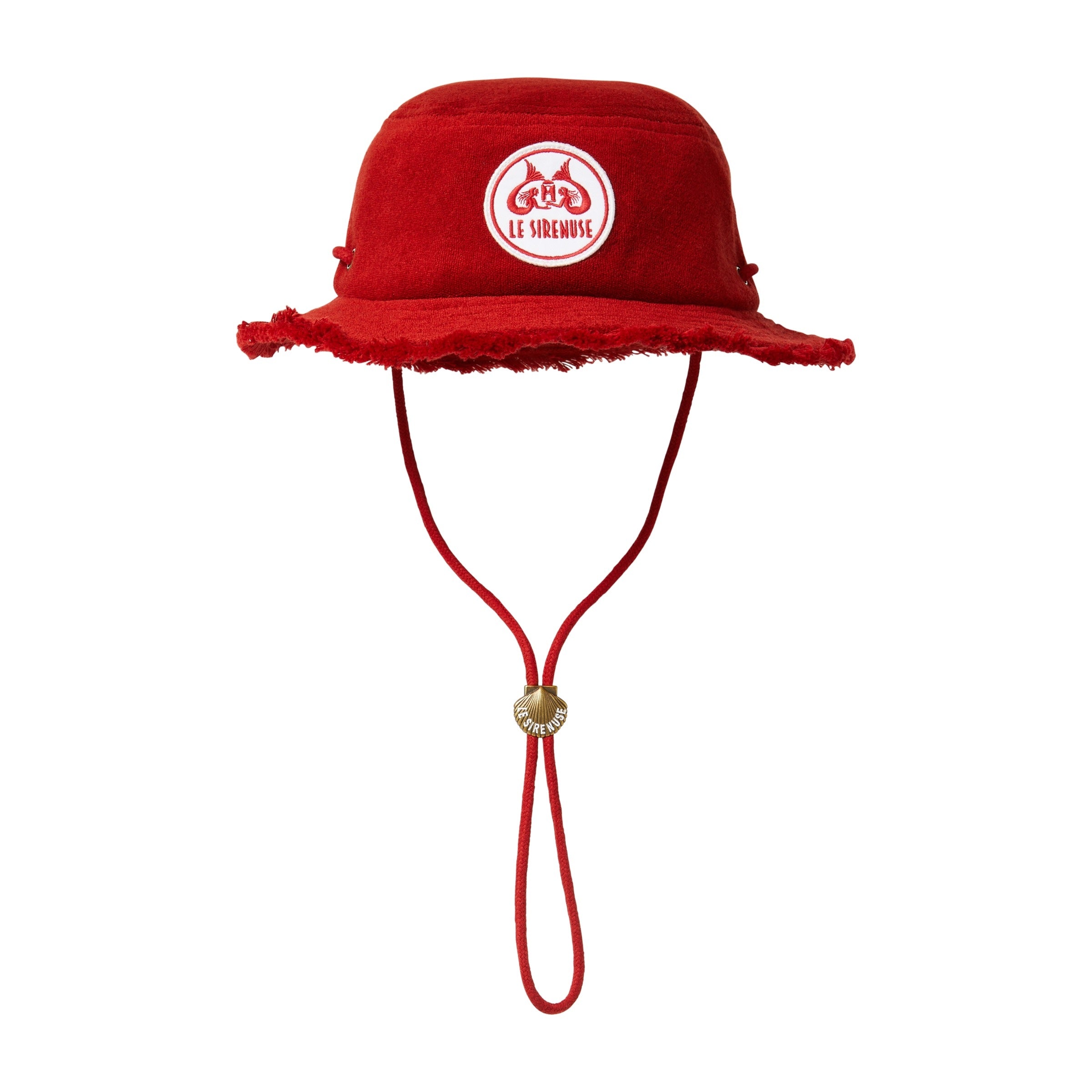 Red bucket hat with a strap and logo on a white background