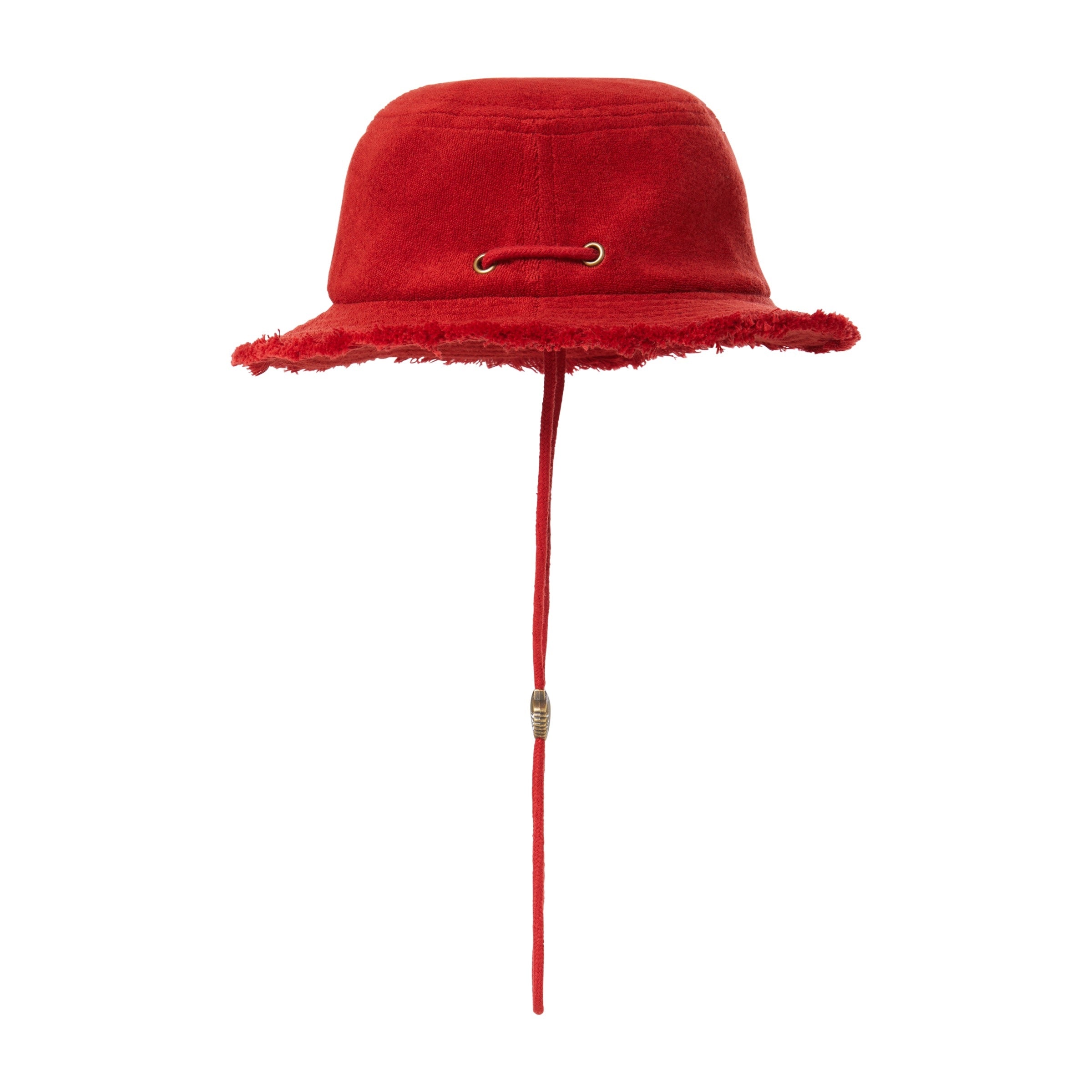 Side of Red bucket hat with a strap on a white background