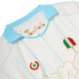 Close-up of Una Pizza Jersey's collar and interior label.