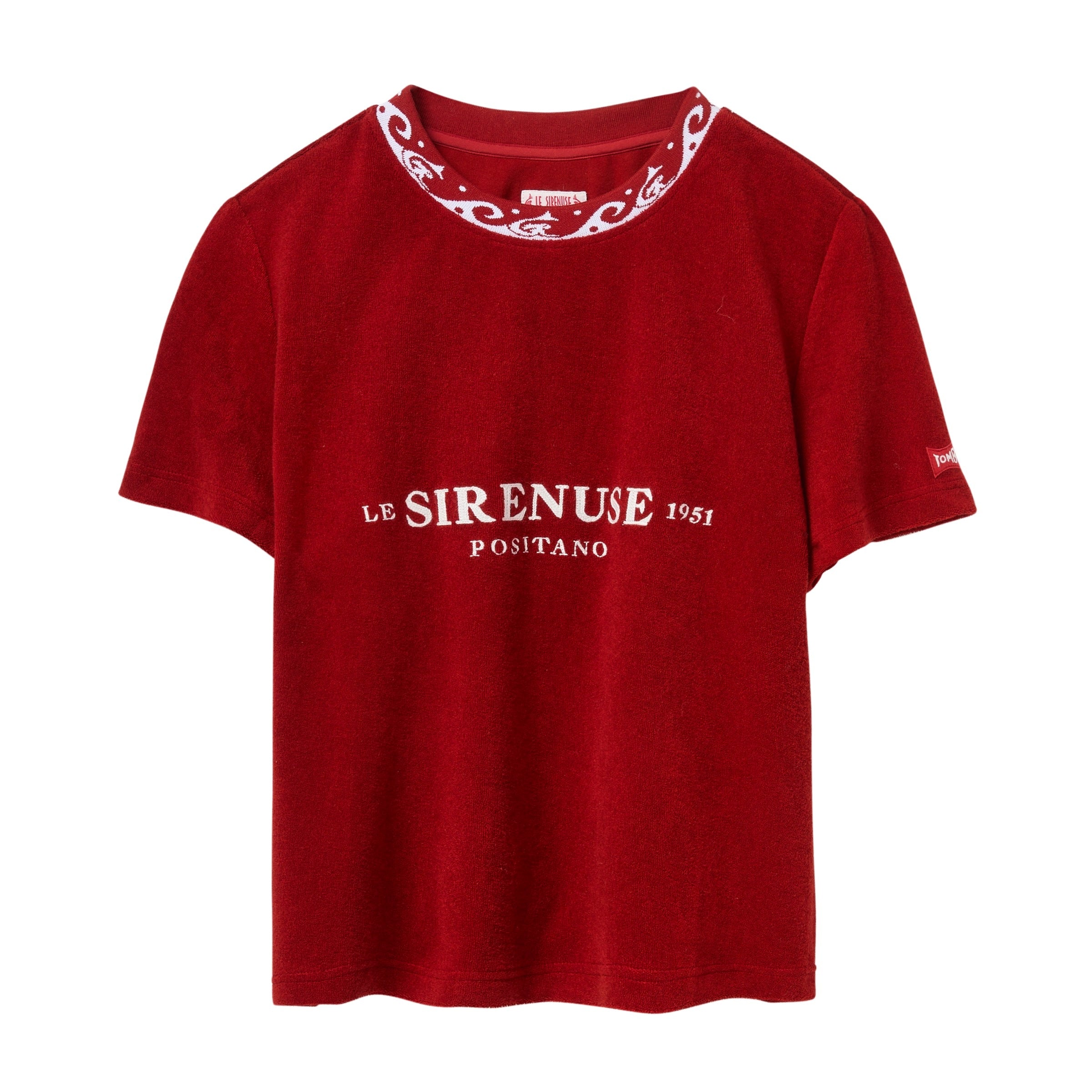 Red t-shirt with white 'Le Sirenuse' text on a white background