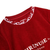 Red t-shirt with ribbed neckline. 