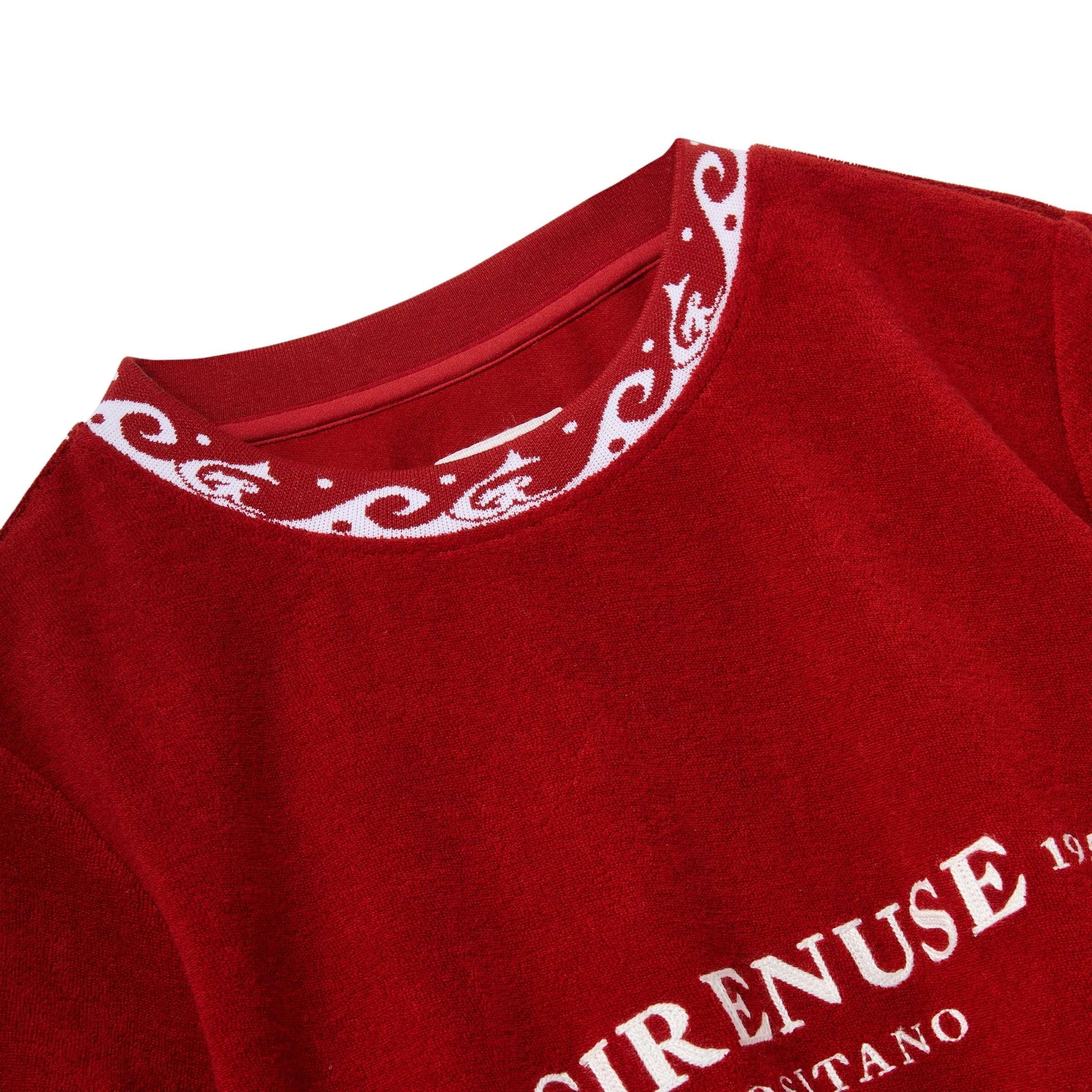 Red t-shirt with ribbed neckline. 