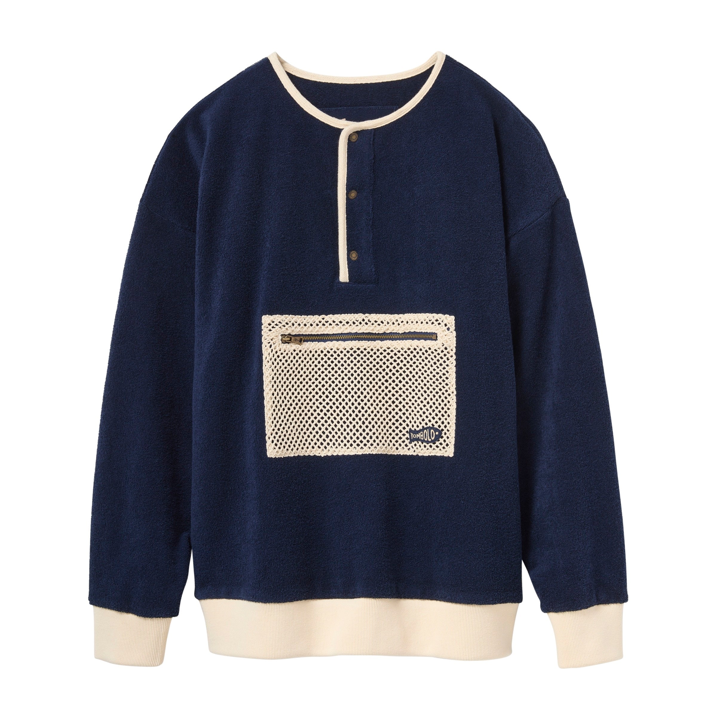 Navy blue pullover with a beige pocket on a white background