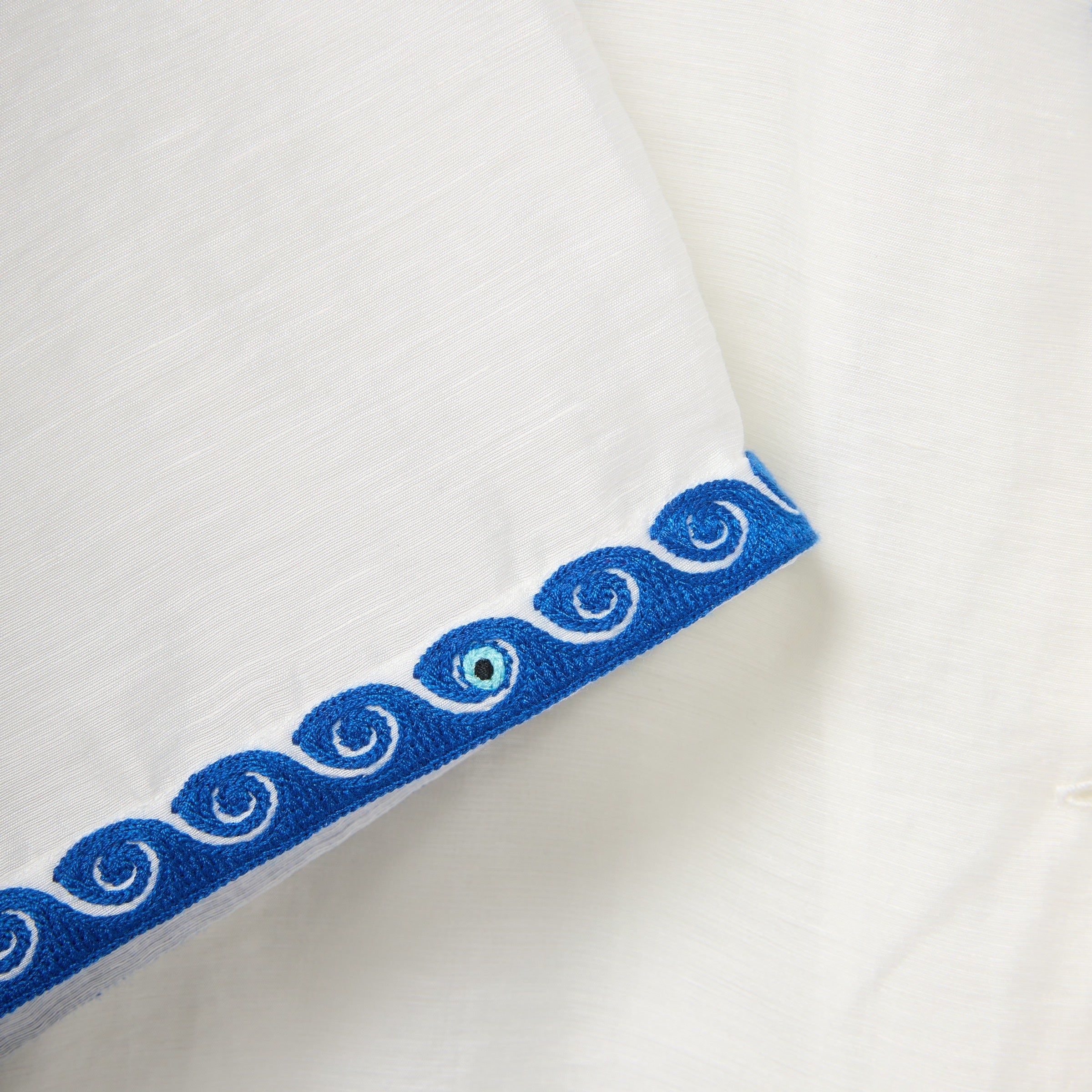 Close-up of a blue decorative trim with white patterns on a white background