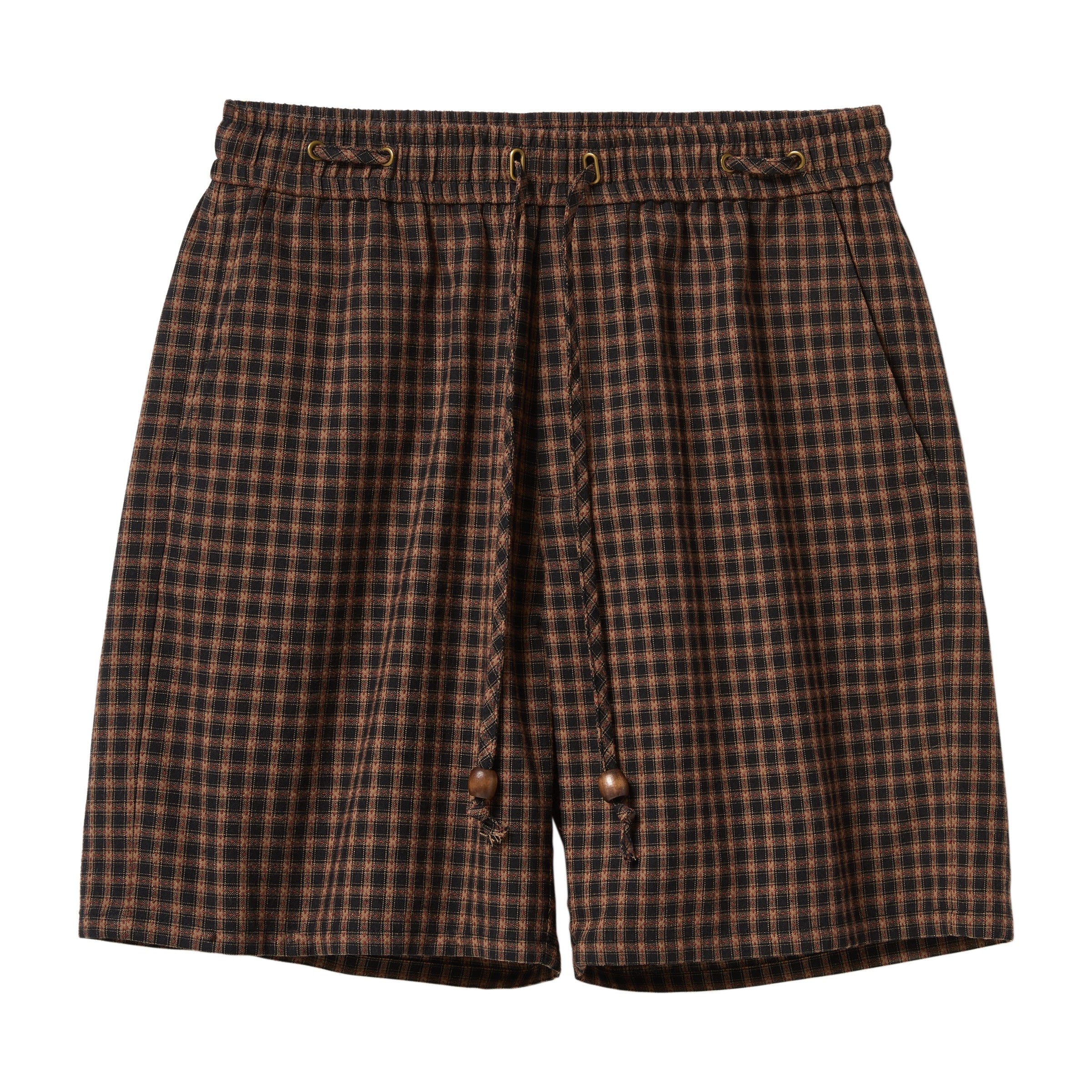 Brown plaid shorts on a white background