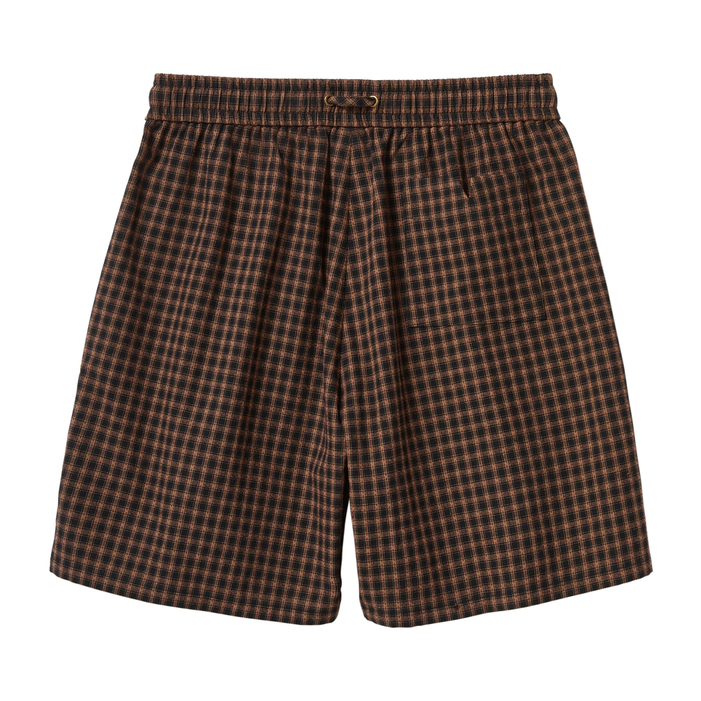 Brown and black checkered shorts on a white background