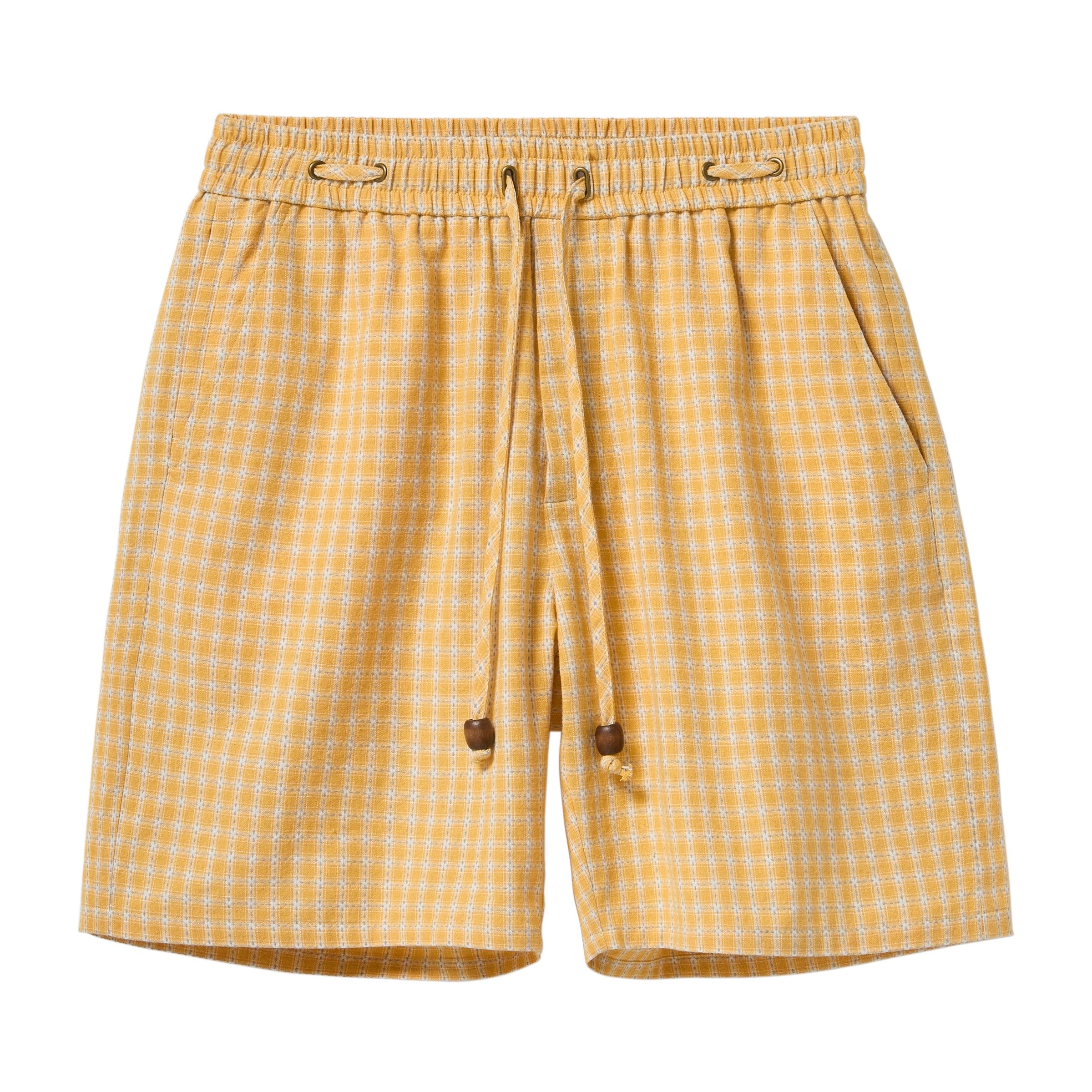 Yellow checkered shorts on a white background