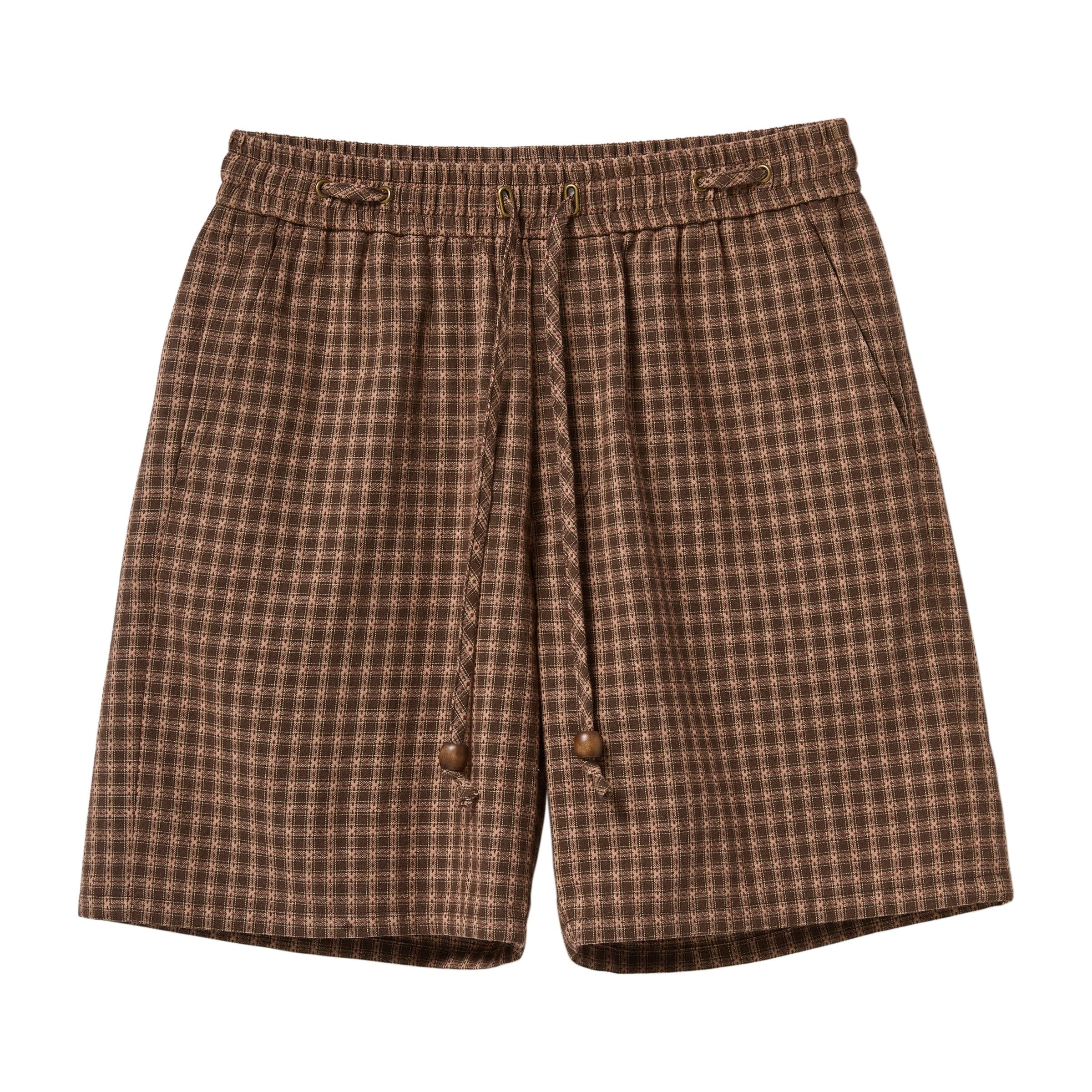 Brown checkered shorts on a white background