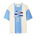 Raglan cabana shirt with sailboat and cocktail design on a white background