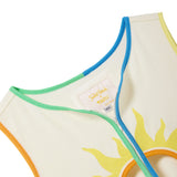 Hand towel top with sun design and colorful trim on a white background