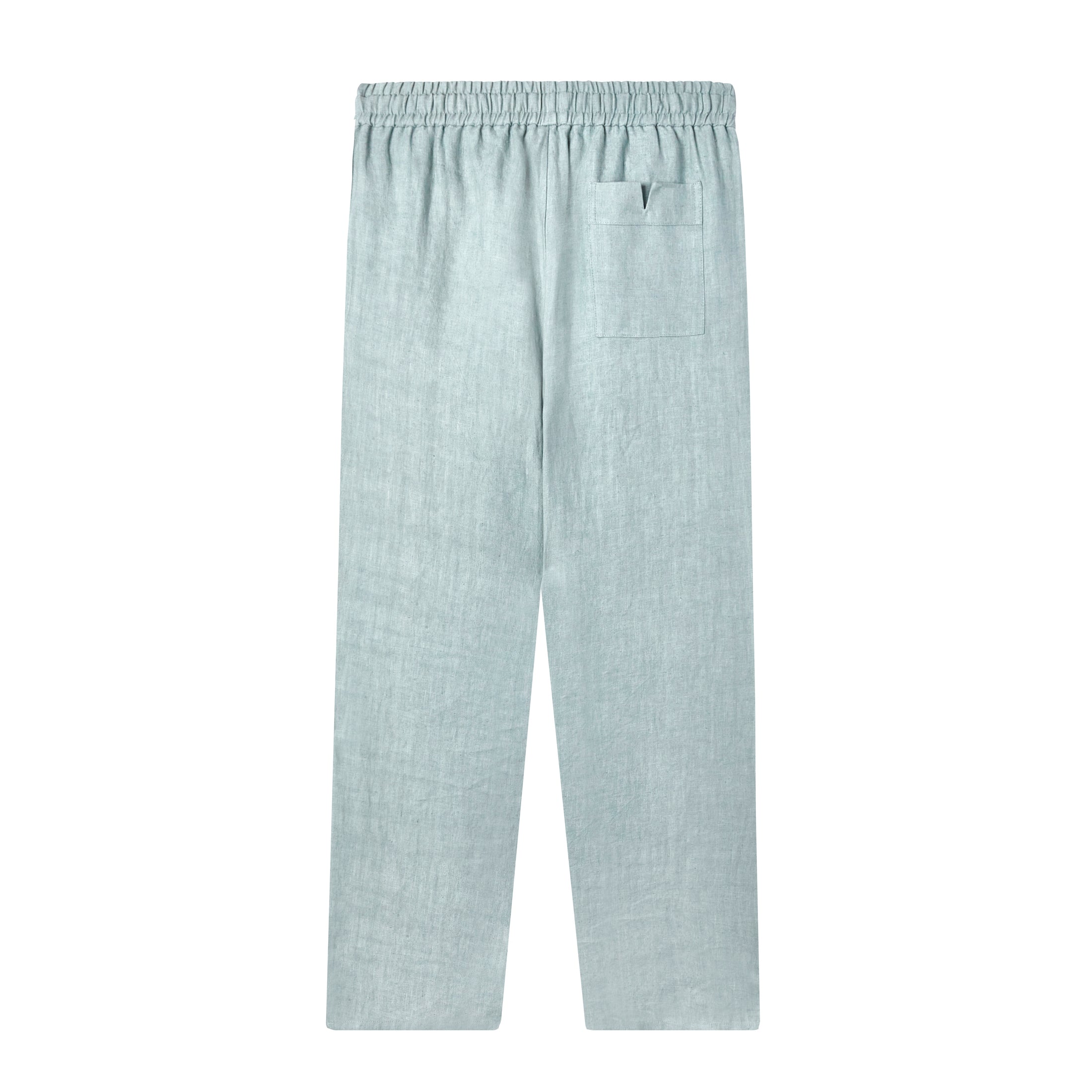 back of blue linen Tombolo pants with elastic waistband and Signature v-shaped Tombolo pocket on the right side