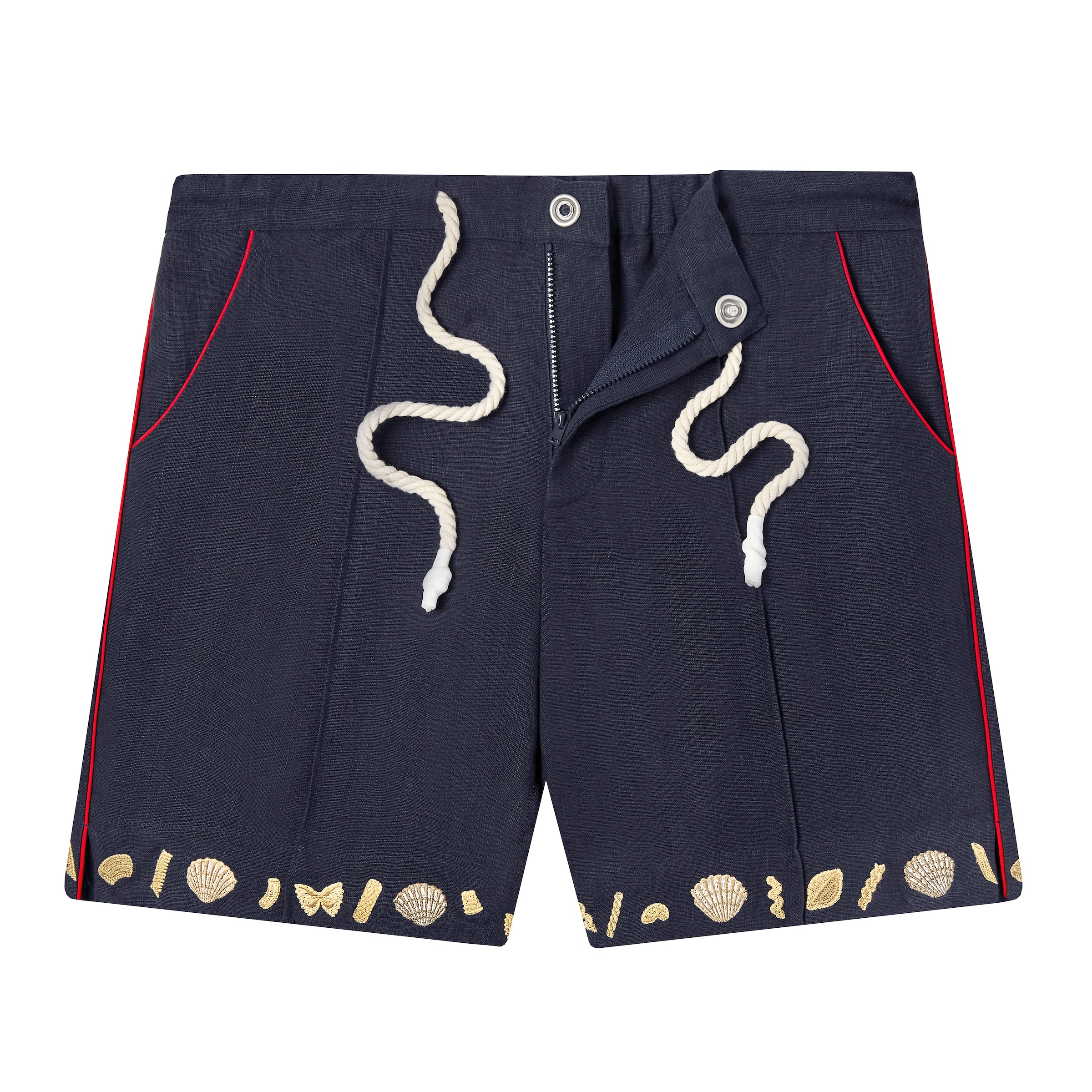 Unbuttoned and unzipped Navy linen Tombolo shorts with clams and pasta on white background