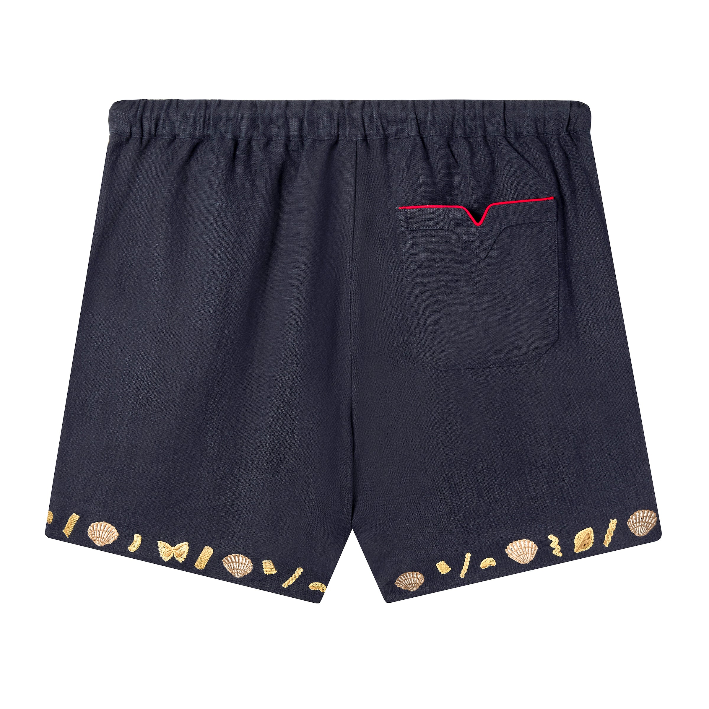 Back view of Tombolo linen shorts with signature V pocket and red piping