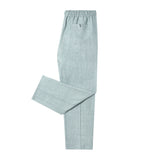 Back of Tombolo blue linen pants with waistband and One leg folded up