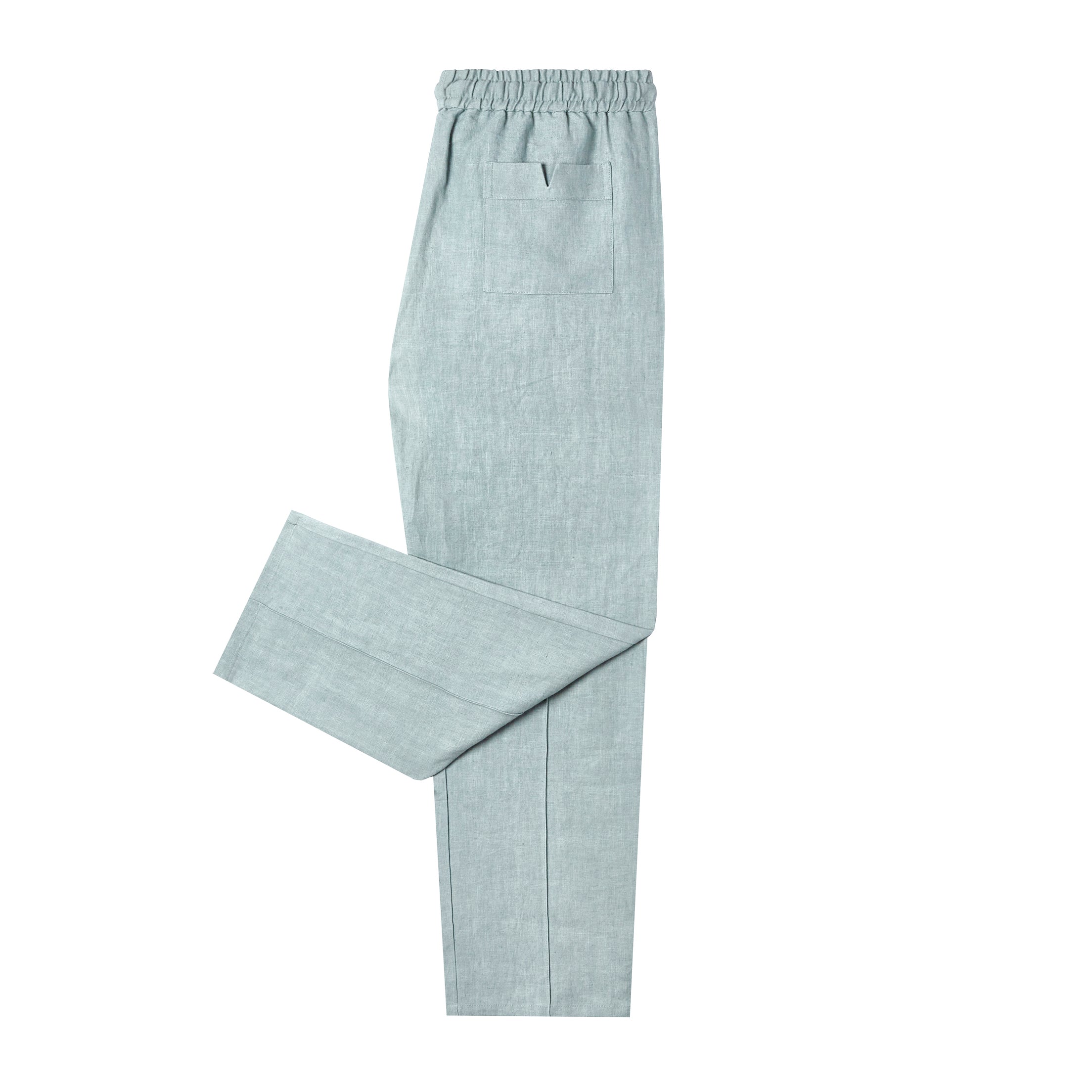 Back of Tombolo blue linen pants with waistband and One leg folded up
