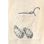 embroidered pair of oysters with mesh netting to represent bag of oysters on right pocket