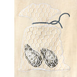 embroidered pair of oysters with mesh netting to represent bag of oysters on right pocket