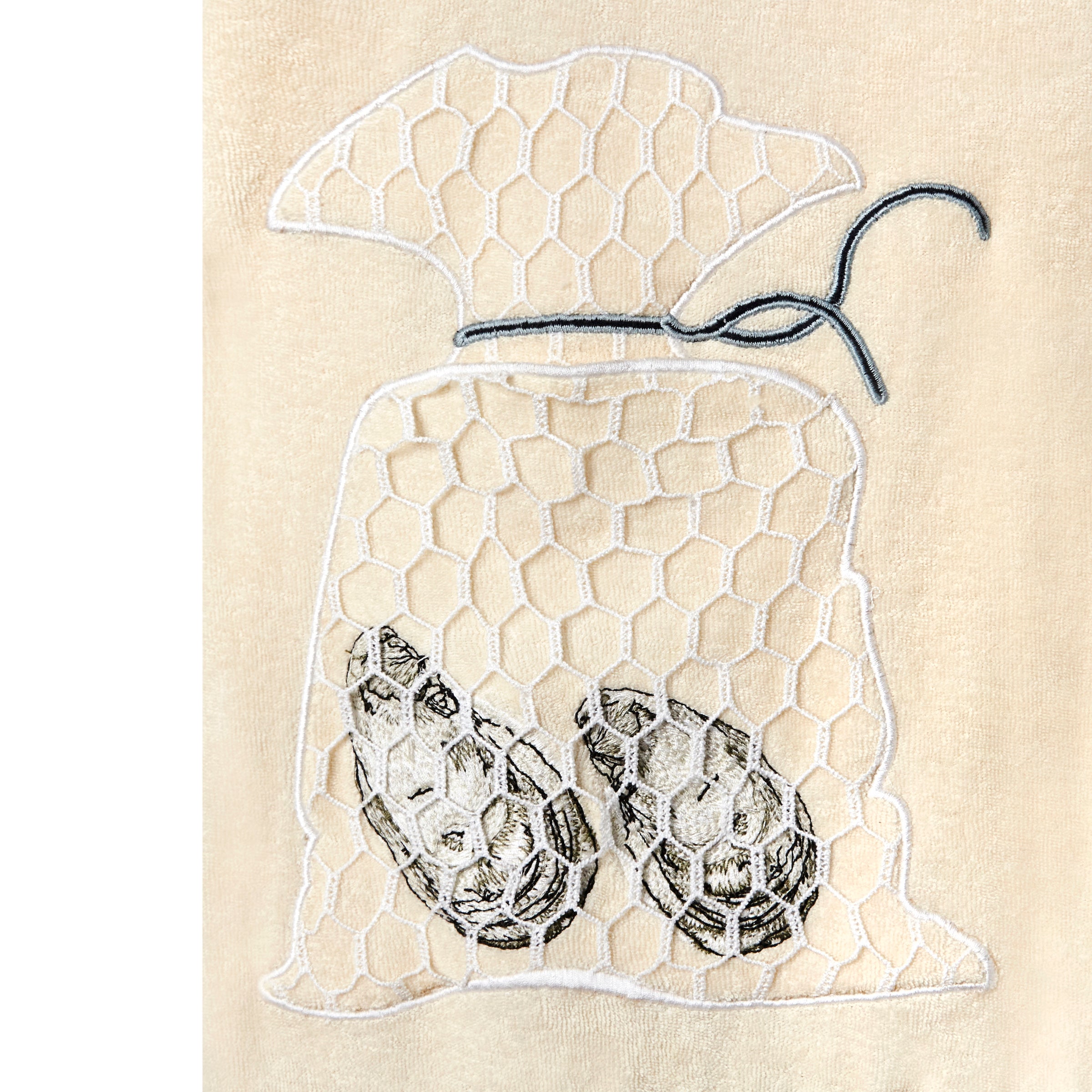 embroidered pair of oysters with mesh netting to represent bag of oysters on right pocket