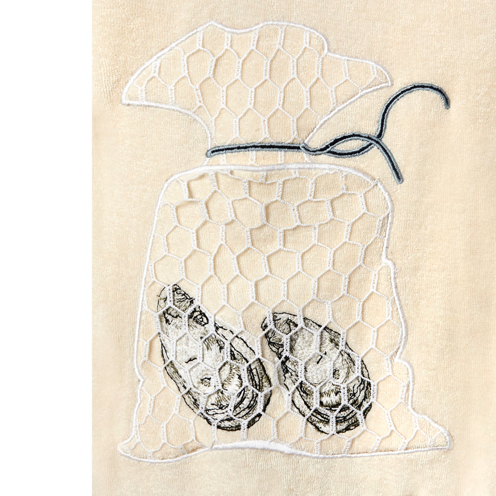embroidered pair of oysters with mesh netting to represent bag of oysters on right pocket