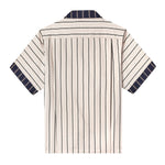 Back of striped pop-over shirt with striped navy collar and striped navy trim on sleeves