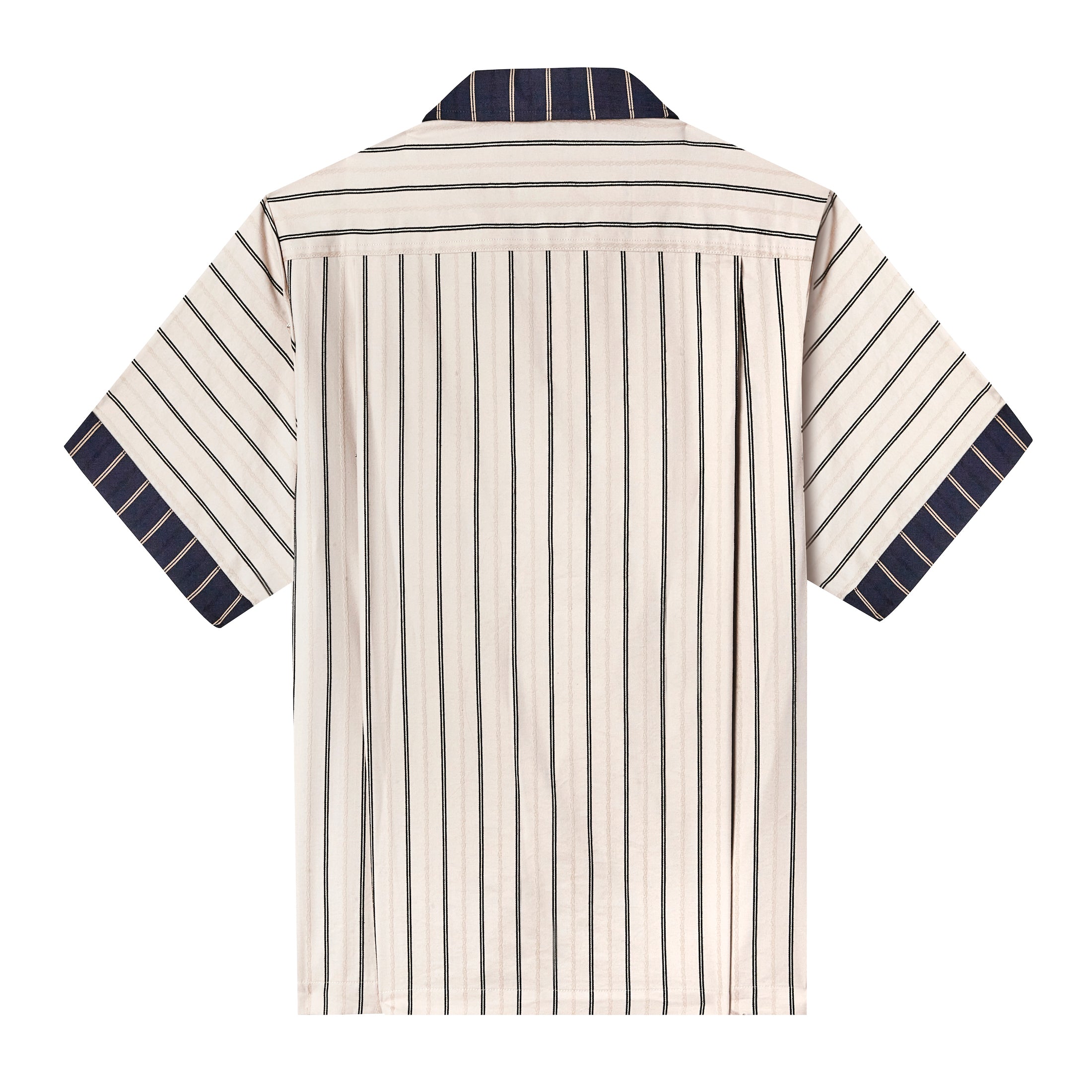 Back of striped pop-over shirt with striped navy collar and striped navy trim on sleeves