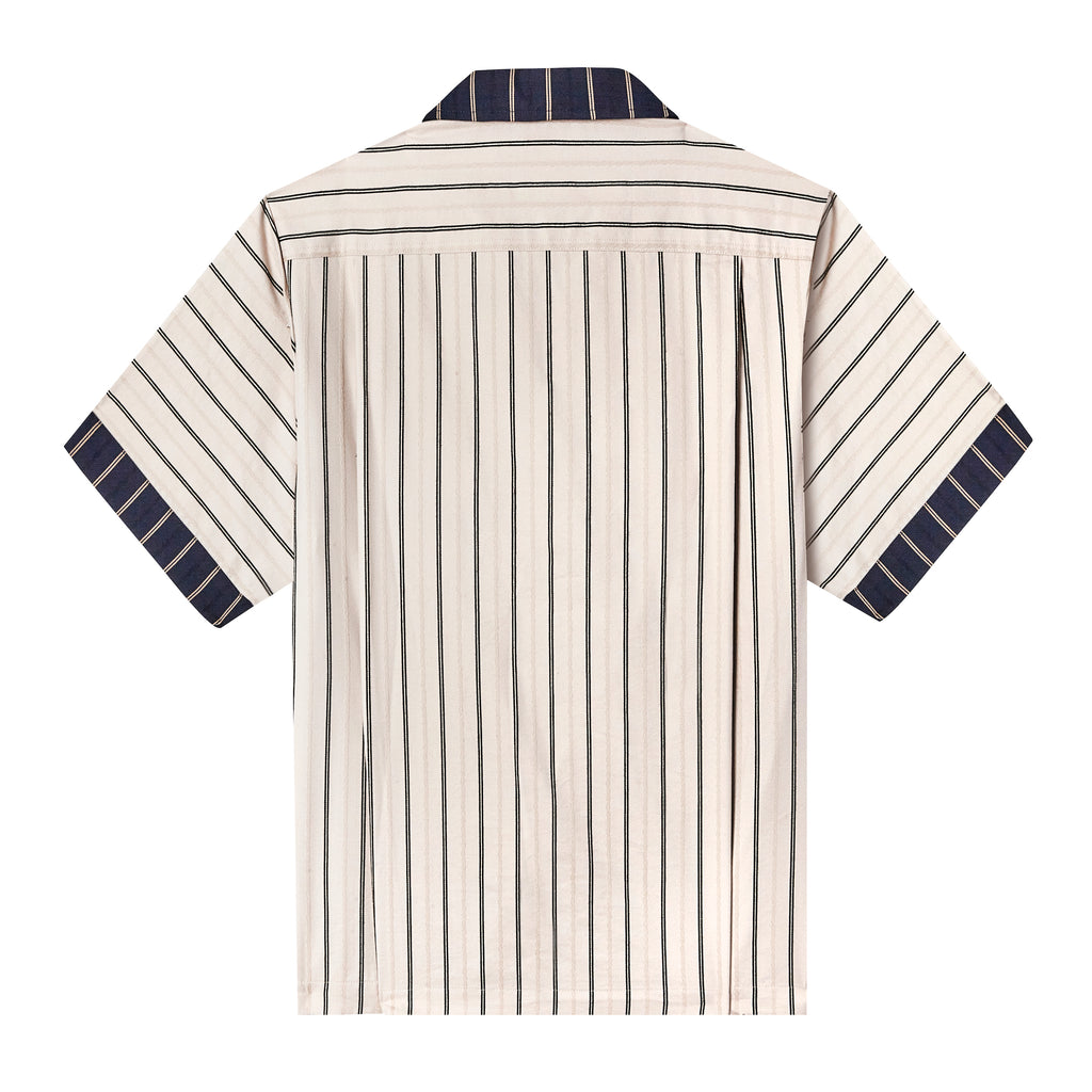 Back of striped pop-over shirt with striped navy collar and striped navy trim on sleeves