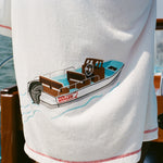 Close-up of the Chain stitched Boston Whaler boat embroidery on back.