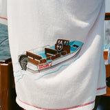 Close-up of the Chain stitched Boston Whaler boat embroidery on back.