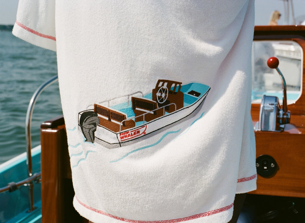 Close-up of the Chain stitched Boston Whaler boat embroidery on back.