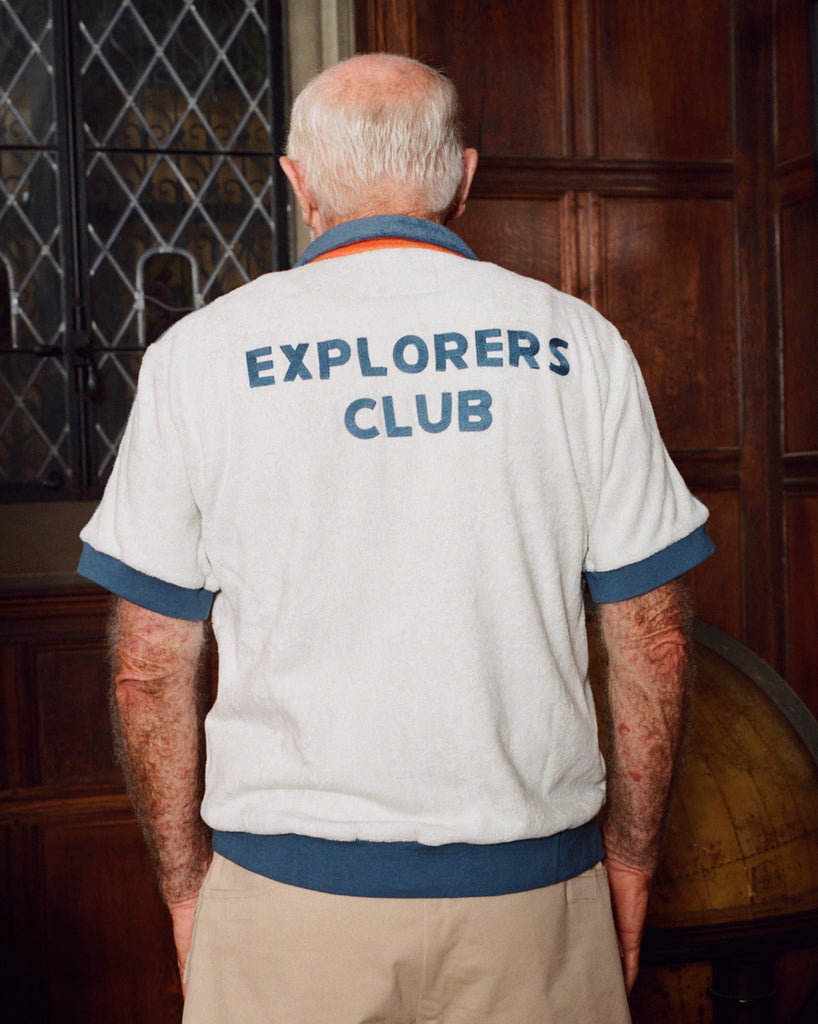 Older gentleman pictured from behind, wearing the 'Explorer's Club' Chum Cabana. 