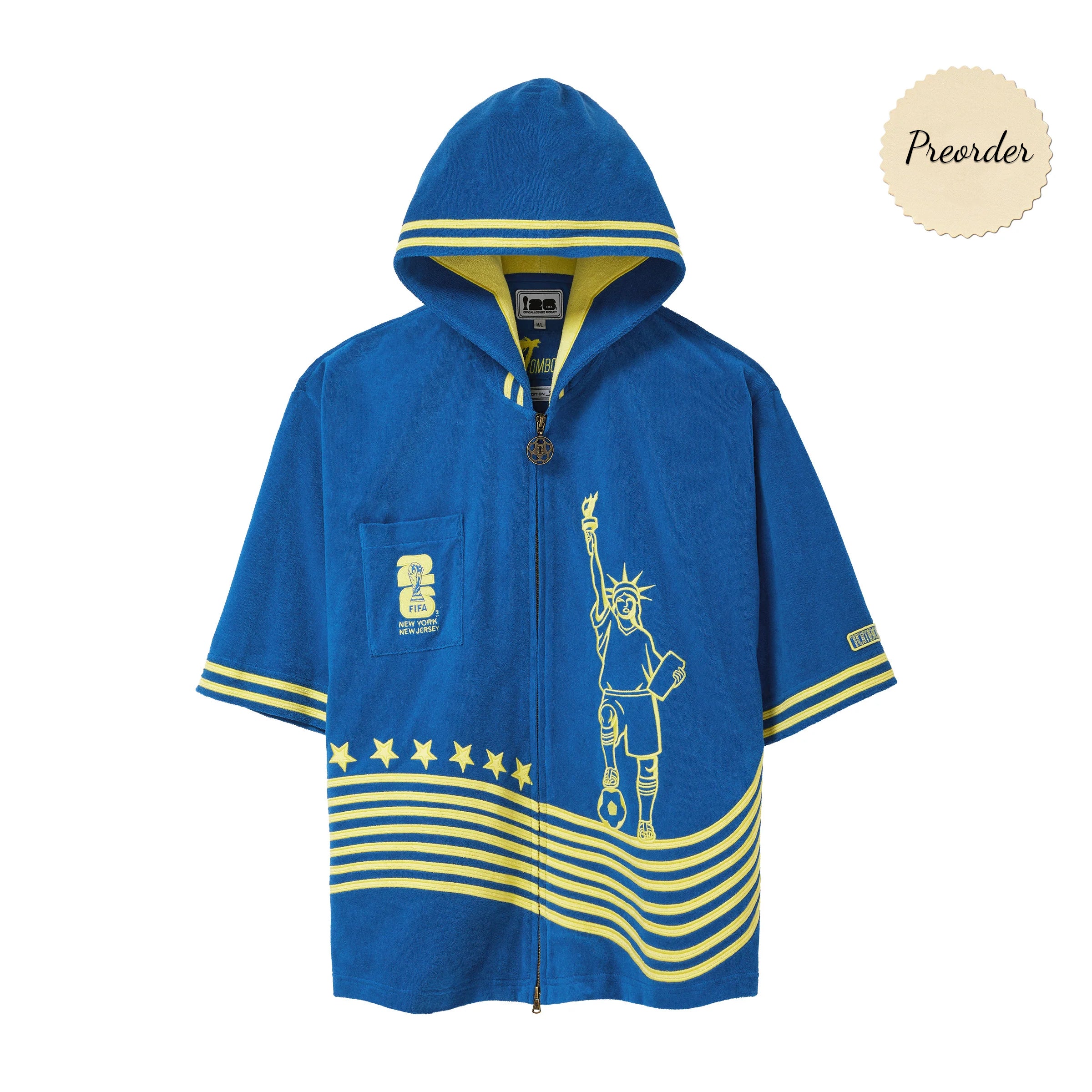 Blue hoodie with yellow accents and a Statue of Liberty playing soccer embroidery.