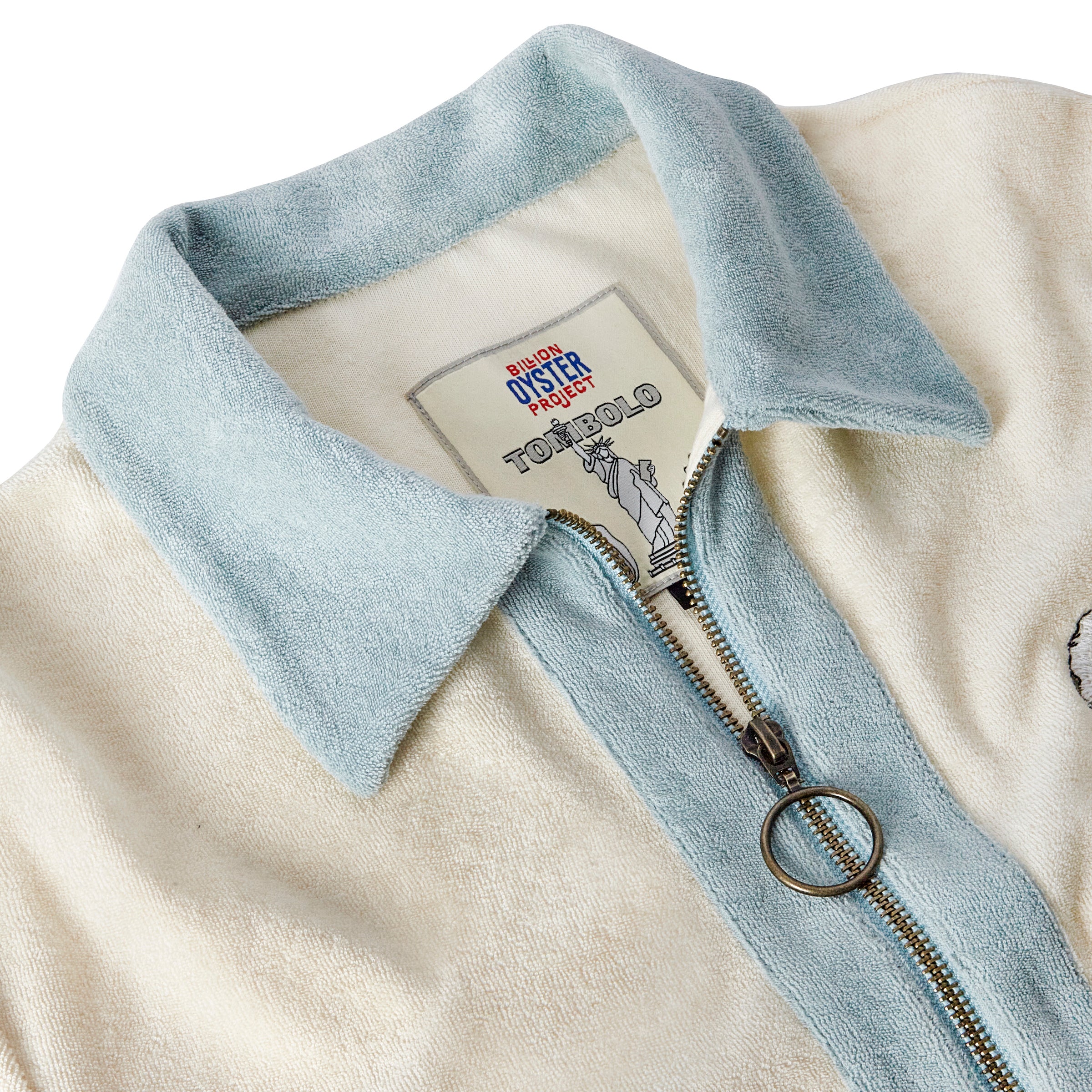 close up of label for shirt in collaboration with Billion Oyster Project