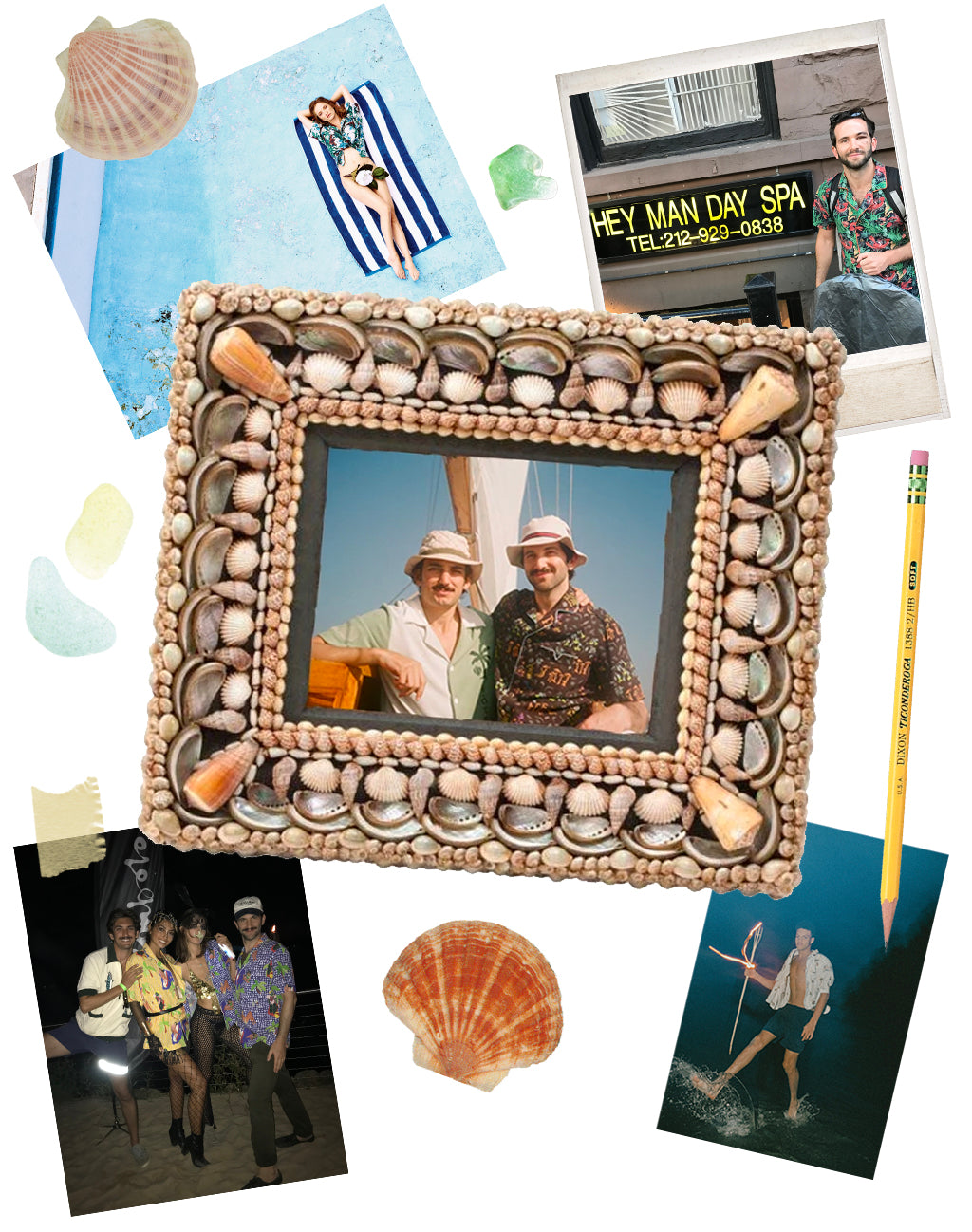 Seashell framed Chris and Mike with bucket hats