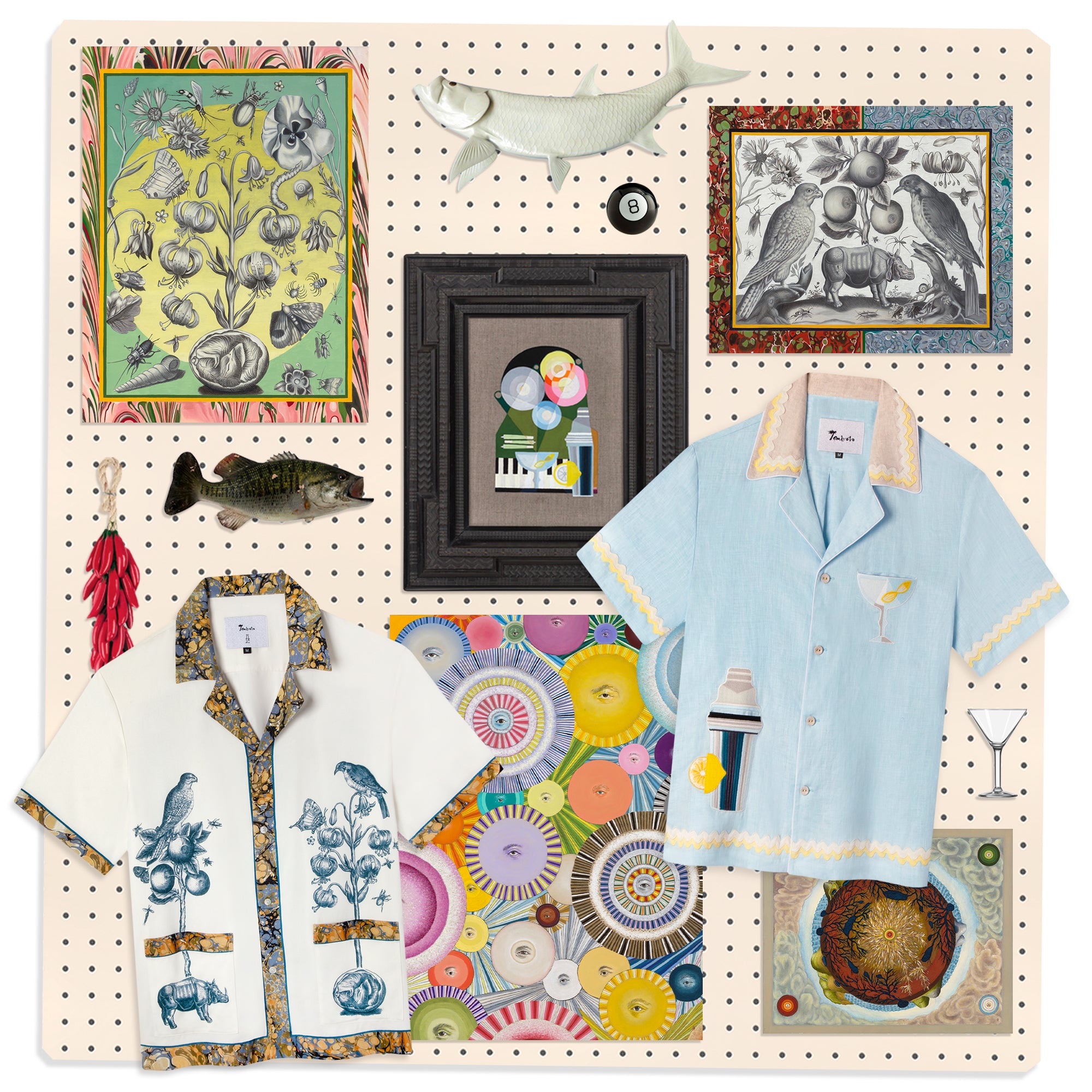 Alexis Zambrano shirt cutouts in collage with his artwork in background