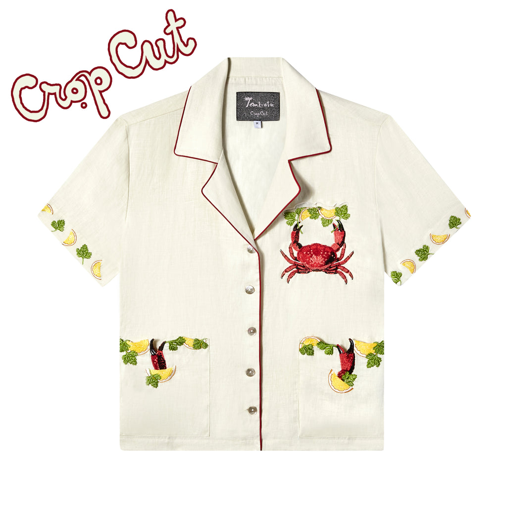 Tombolo Linen crop cut shirt in off white with embroidered crab and lemon motifs