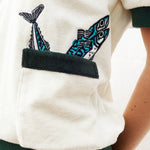 Close up of the right pocket lined with two embroidered fish