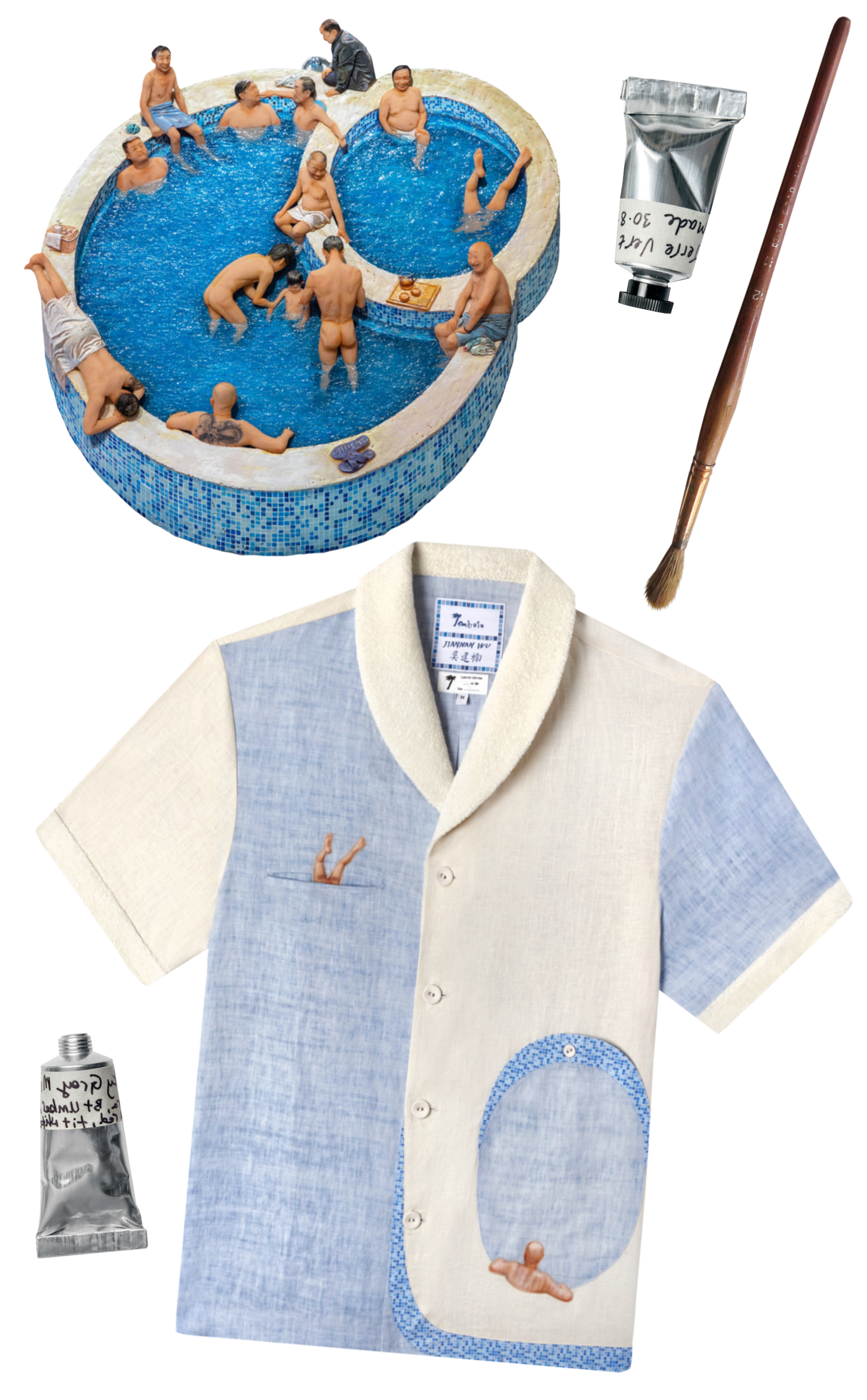 A close up of Jiannan's bathing sculpture depicting men at a swimming pool against a white backdrop. Below it is a Tombolo shirt depicting a man sitting in a bathtub facing away from the camera and another diving into water. 