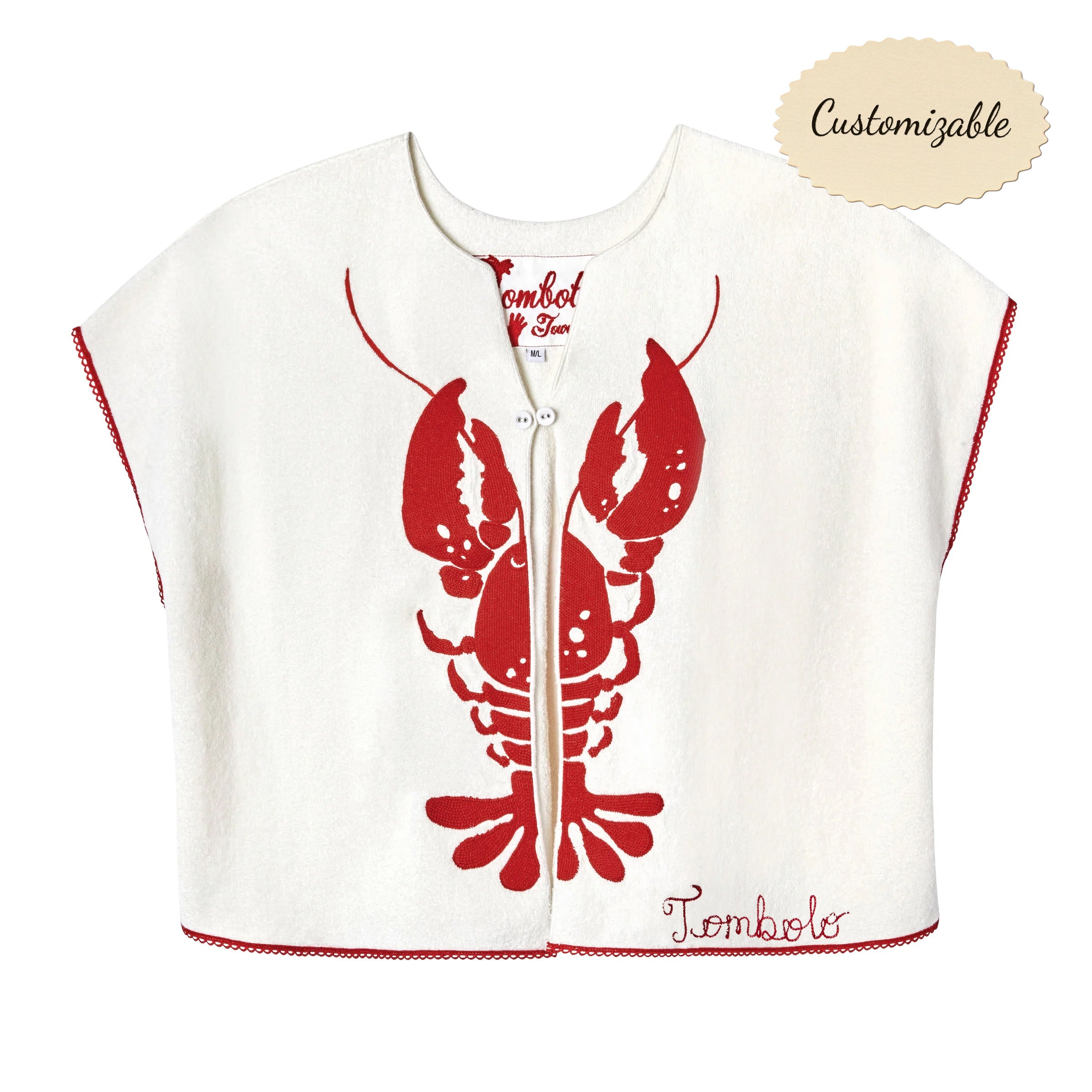 A customizable white hand towel top with a red lobster print and picot trim, featuring loop button closure at the sternum and hidden seams.