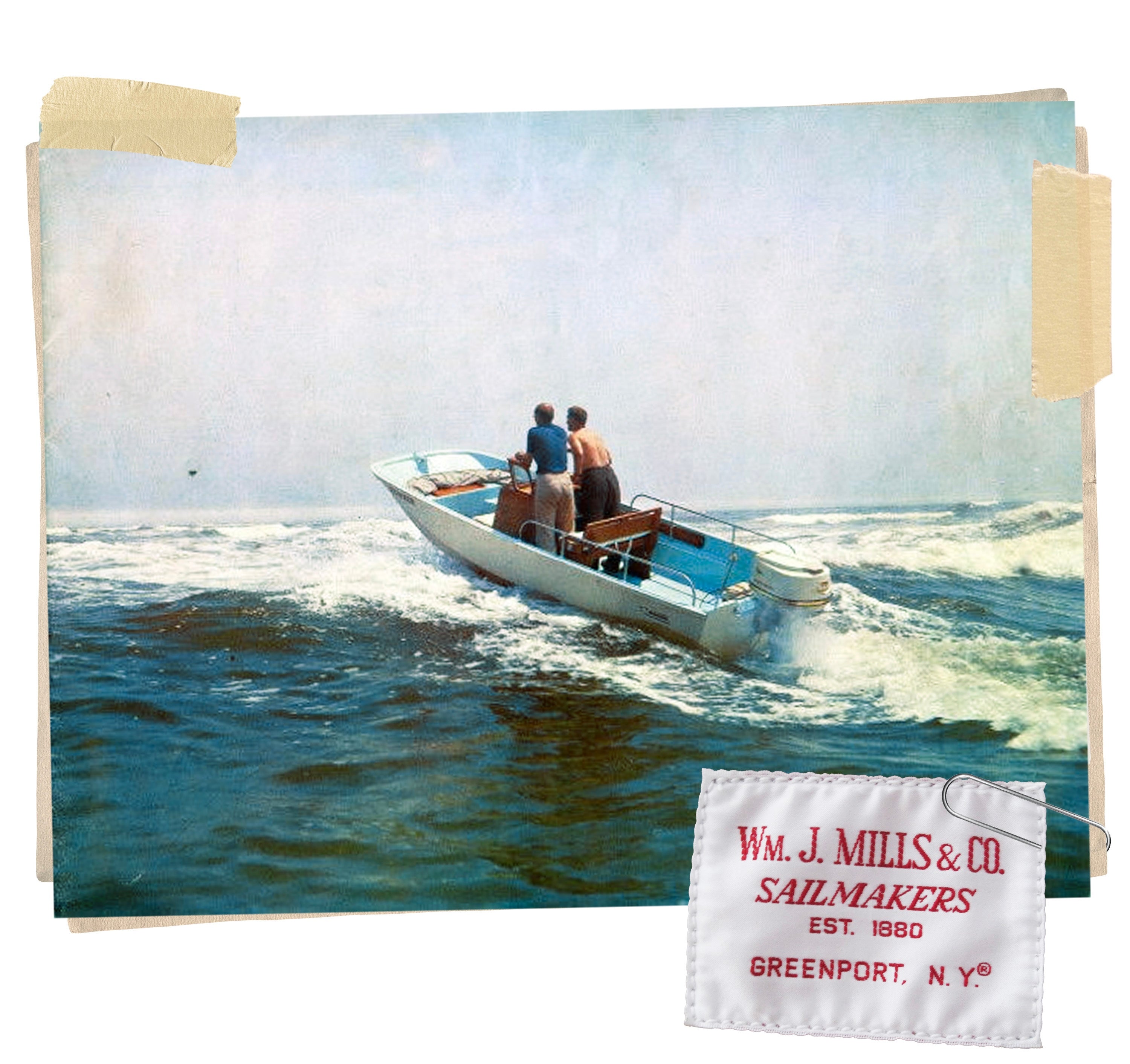 Two people in a boat on water with W.J. Mills & Co. Sailmakers logo.