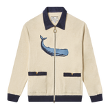 Full-zip long sleeve cabana shirt in beige with a contrast navy collar and cuffs featuring an embroidered whale on the front. 